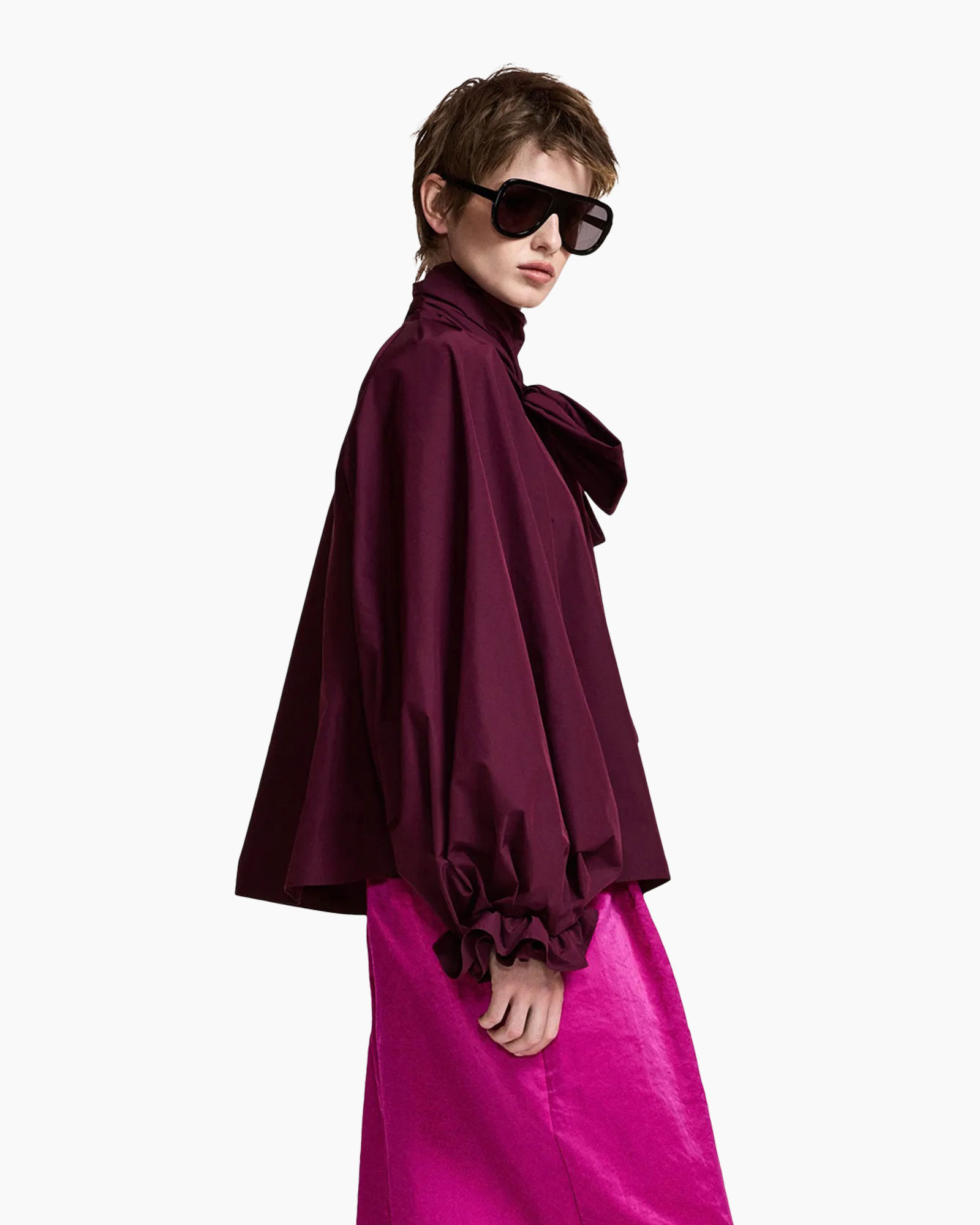 blouse, puff sleeve, magenta top, sunglasses, oversized cape