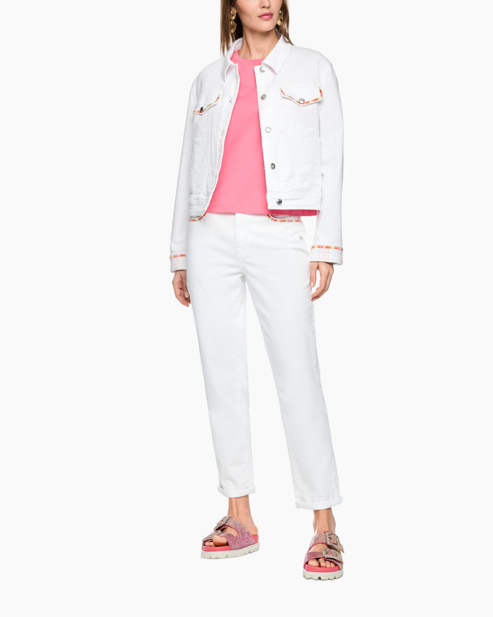 white denim jacket, pink top, white jeans, sandals, casual outfit