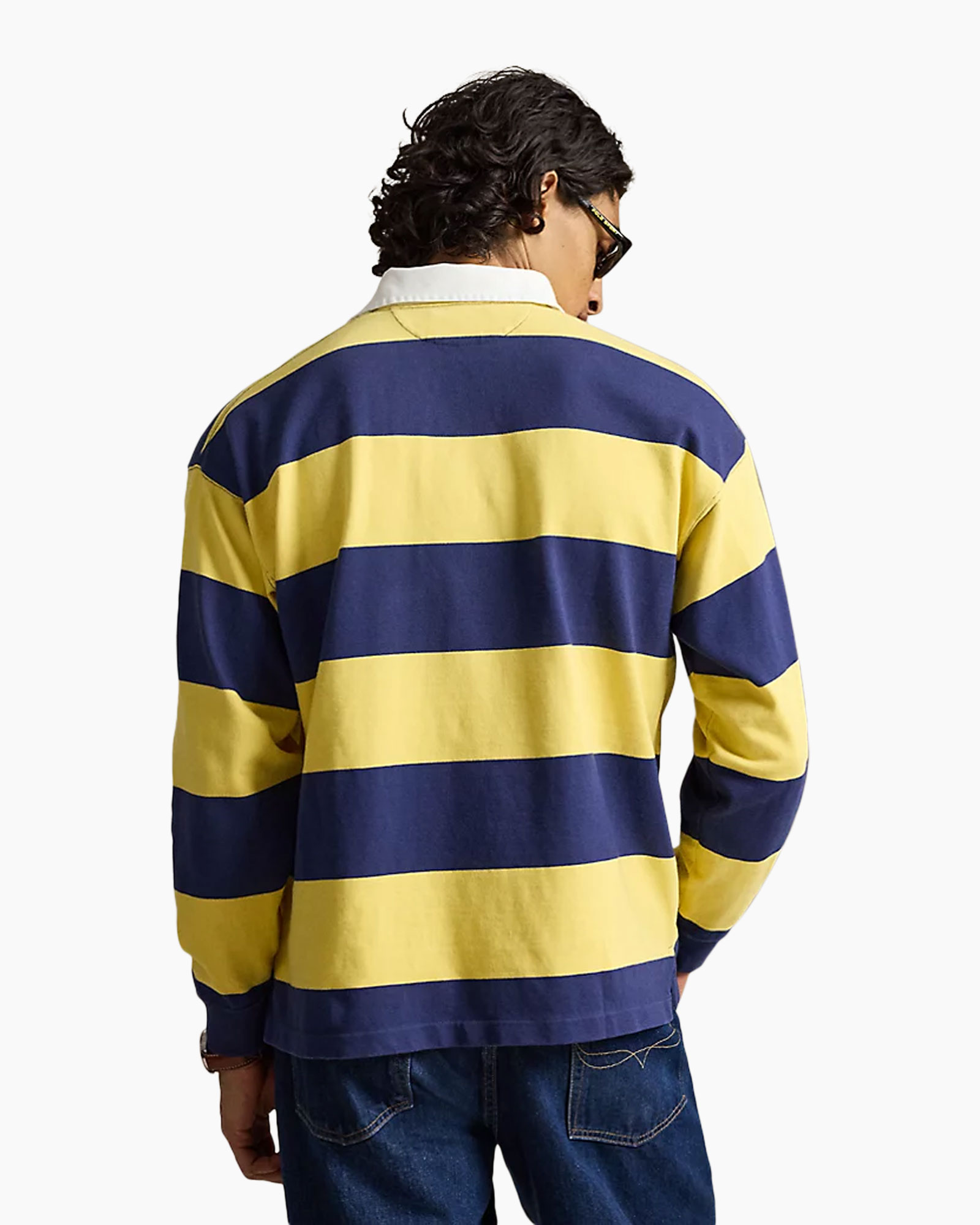 striped polo, long sleeve, yellow blue, rugby shirt, casual top