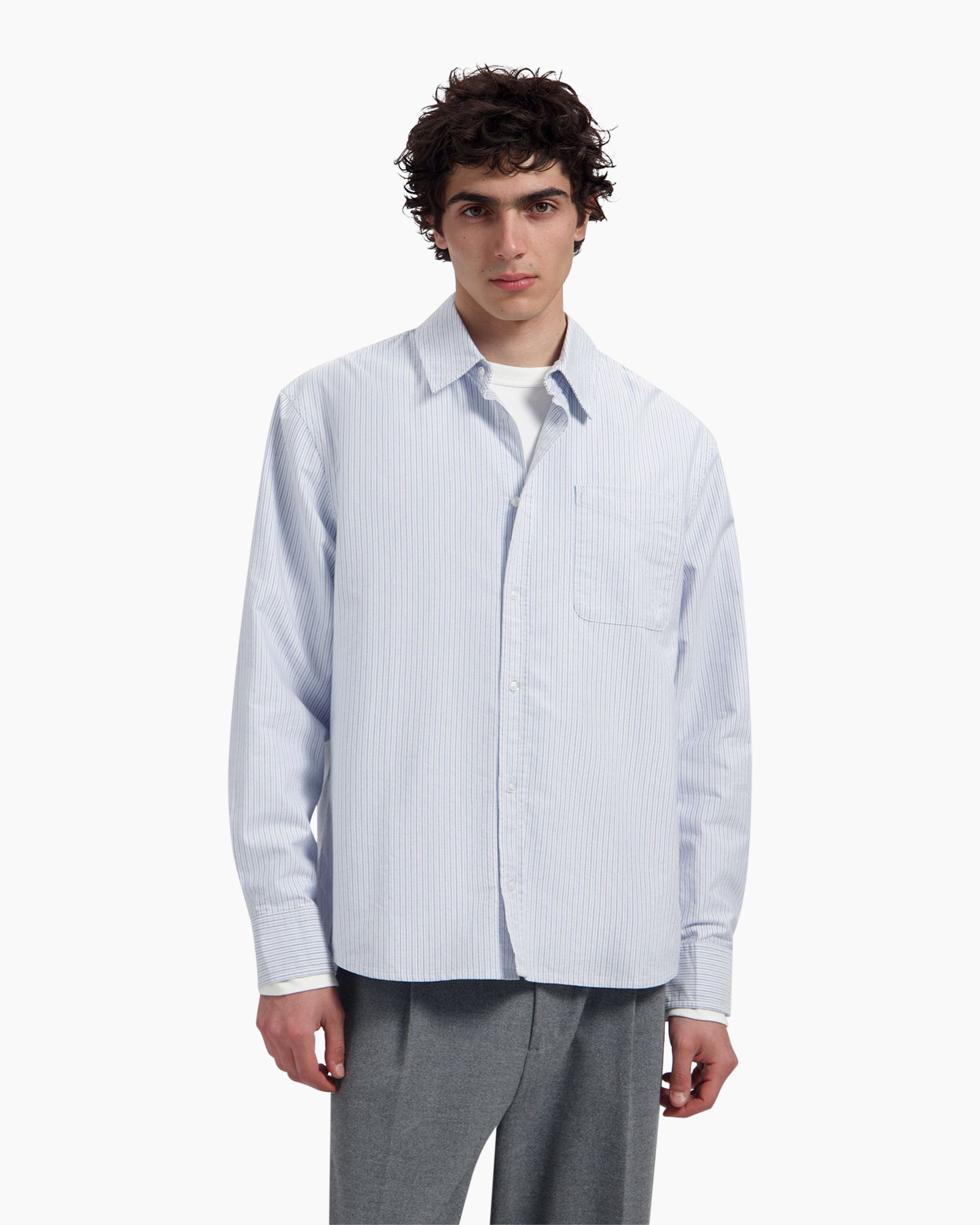 striped shirt, button-down, long-sleeve, pocket, light blue