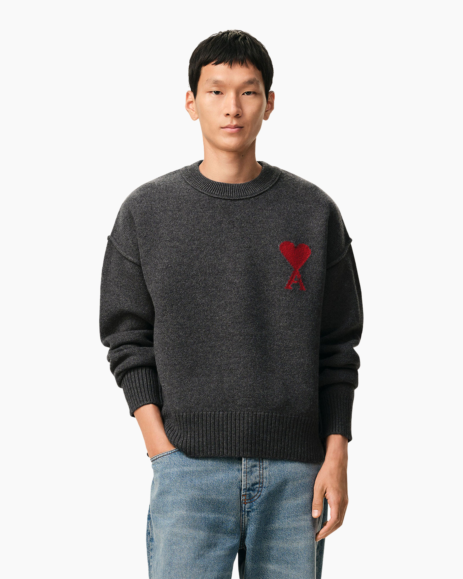 sweater, dark gray, crew neck, heart emblem, long sleeves