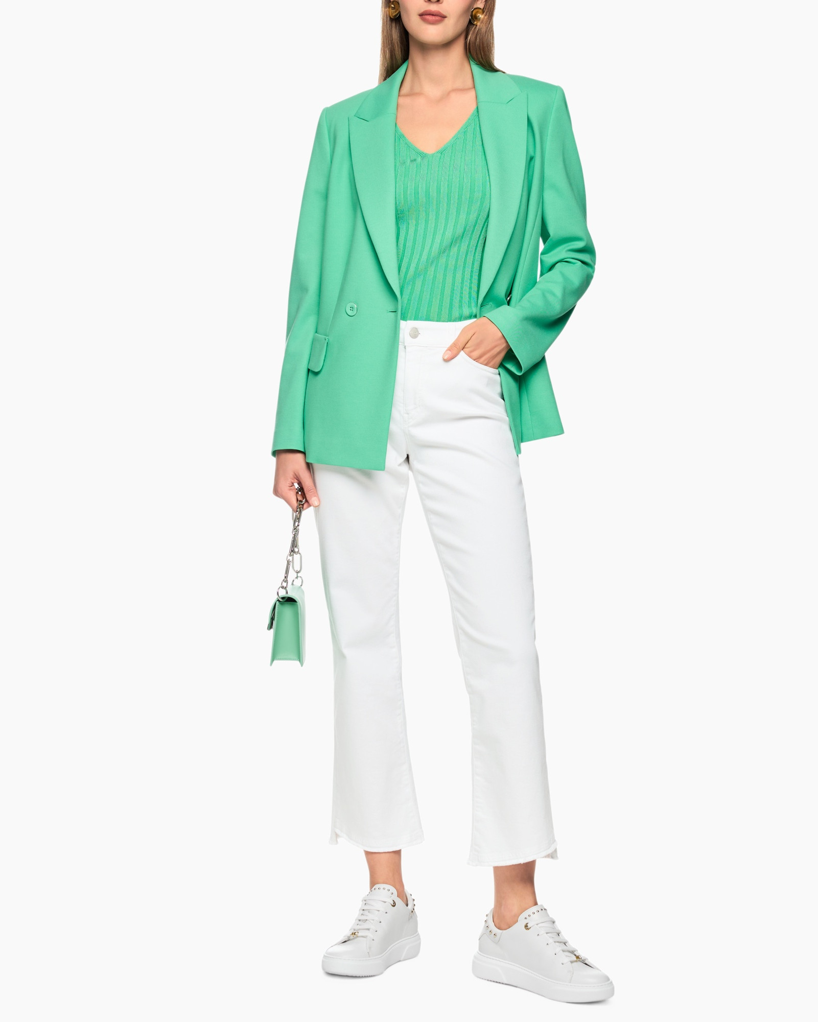 blazer, green, blazer suit, white pants, sneakers