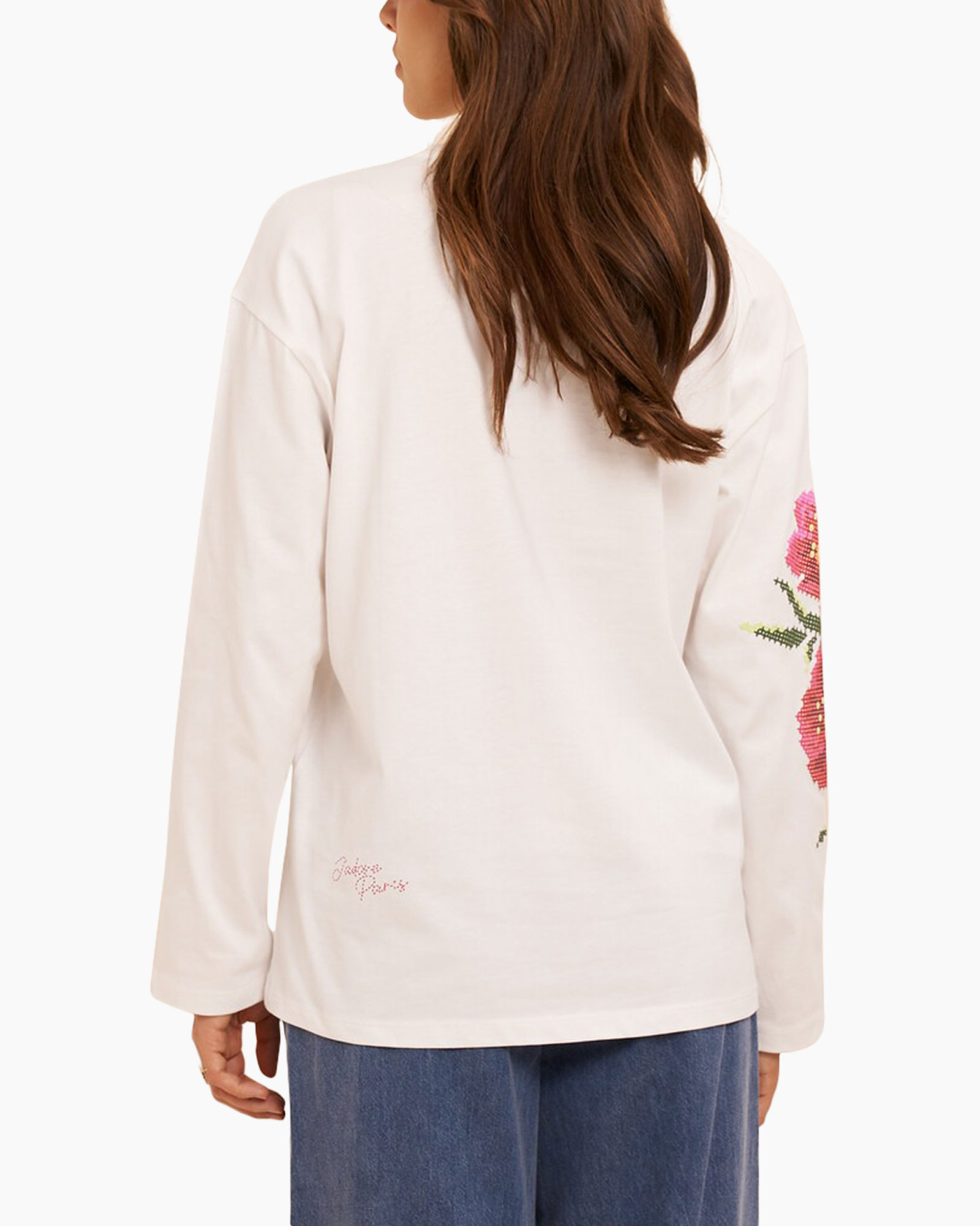 long-sleeve, cream, embroidery, floral, back-view