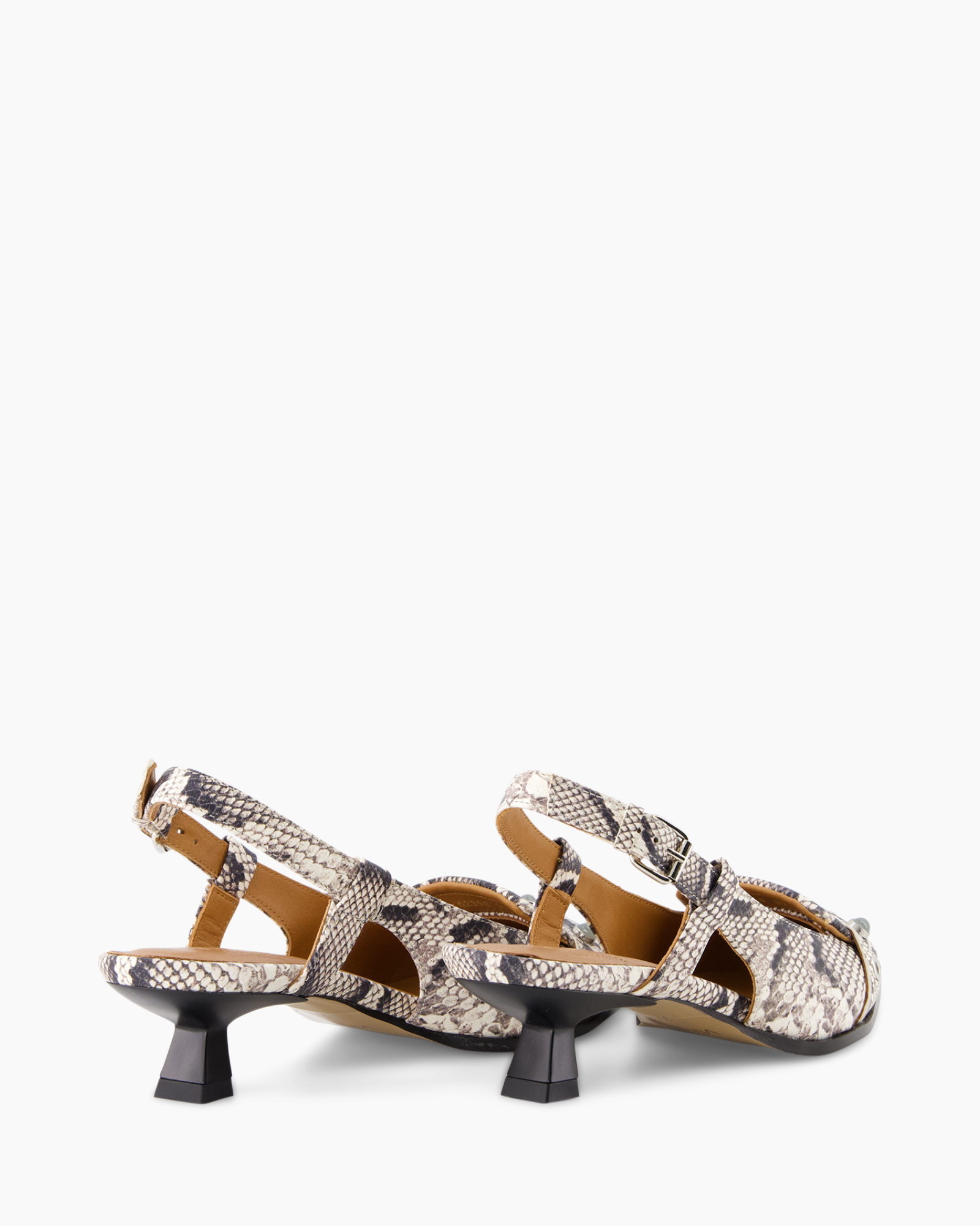 ankle-strap sandals, snake print, low heel, open back, slip-on