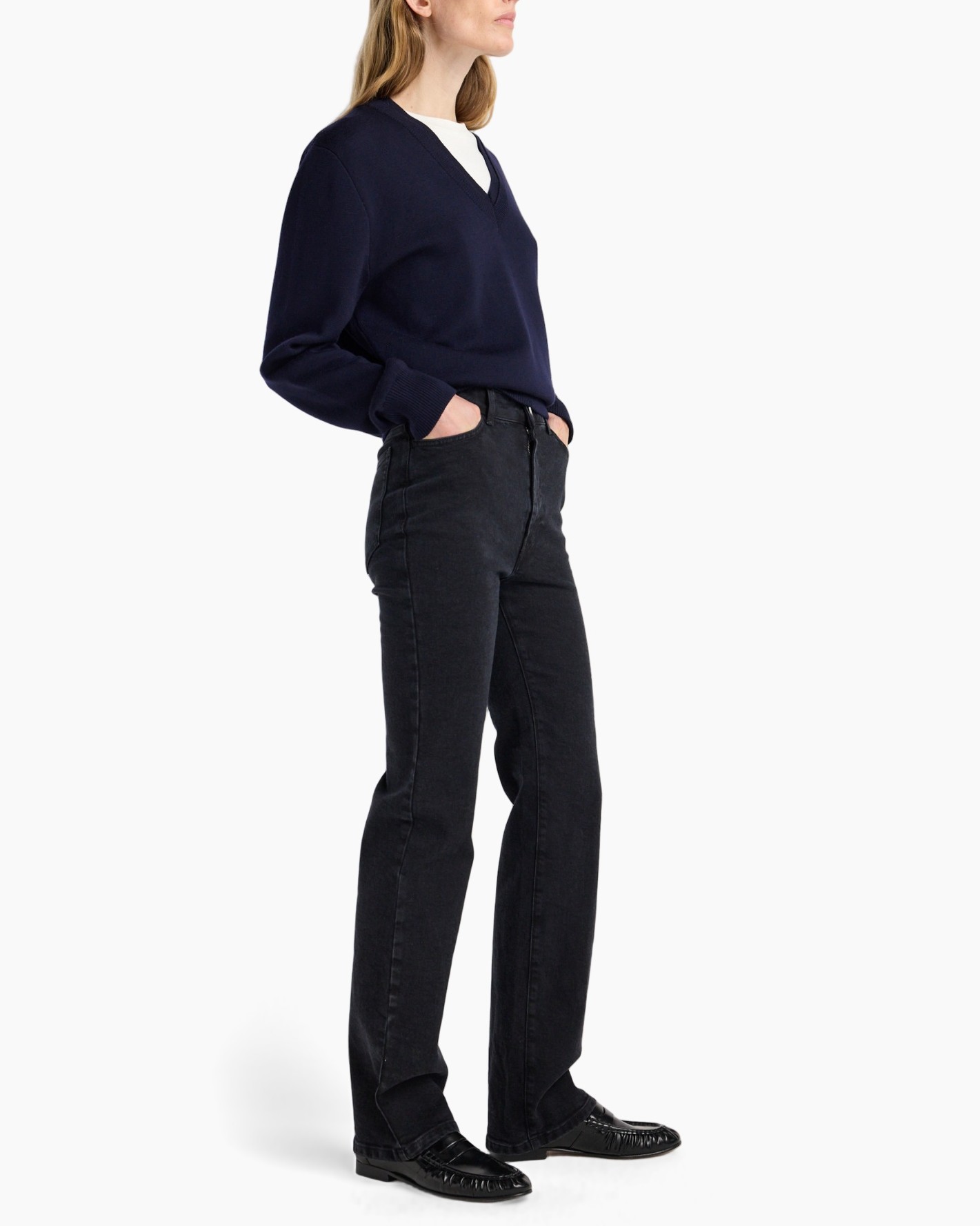 sweater, navy, v-neck, long-sleeve, pants