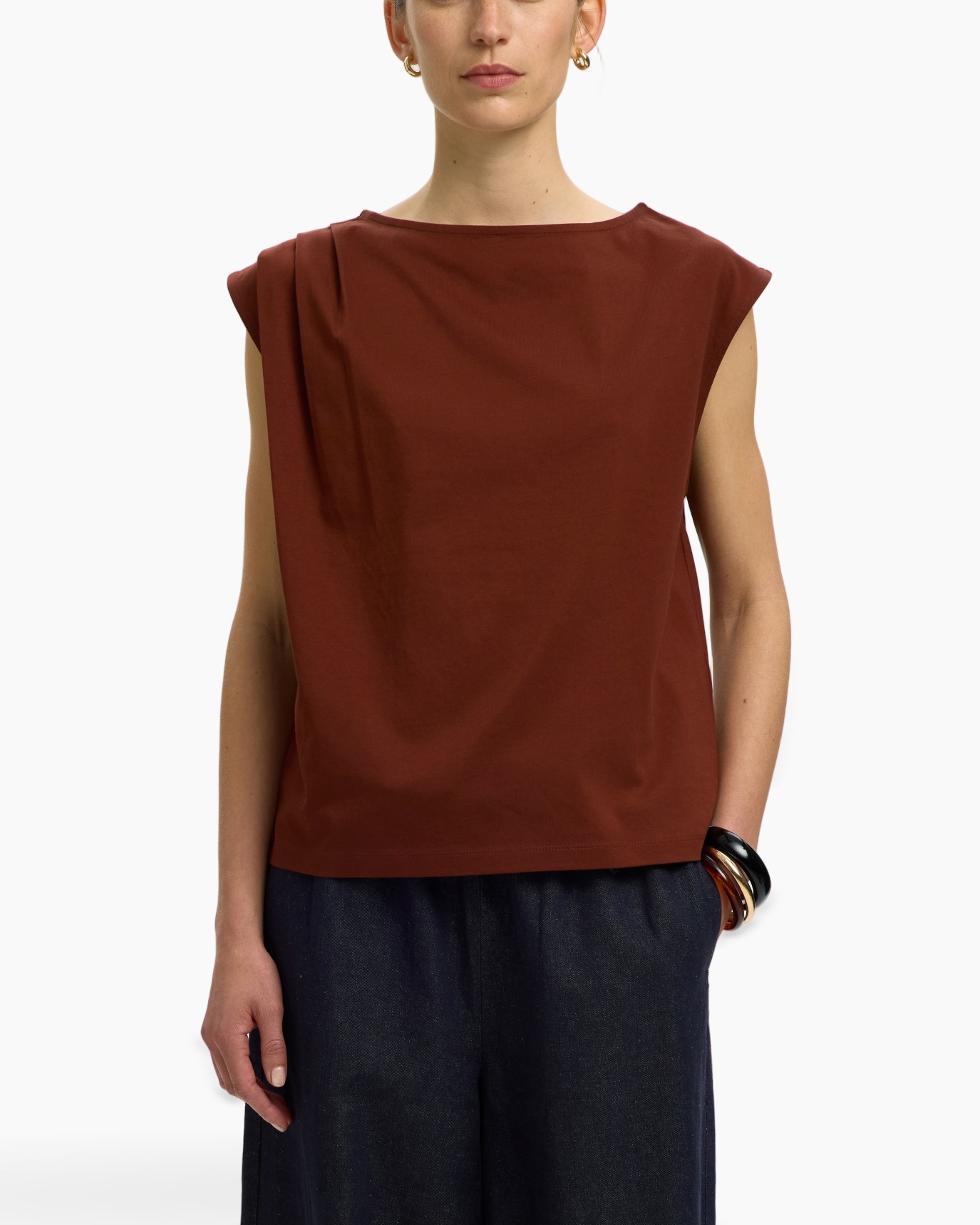 sleeveless top, rust color, solid, cotton blend, casual blouse
