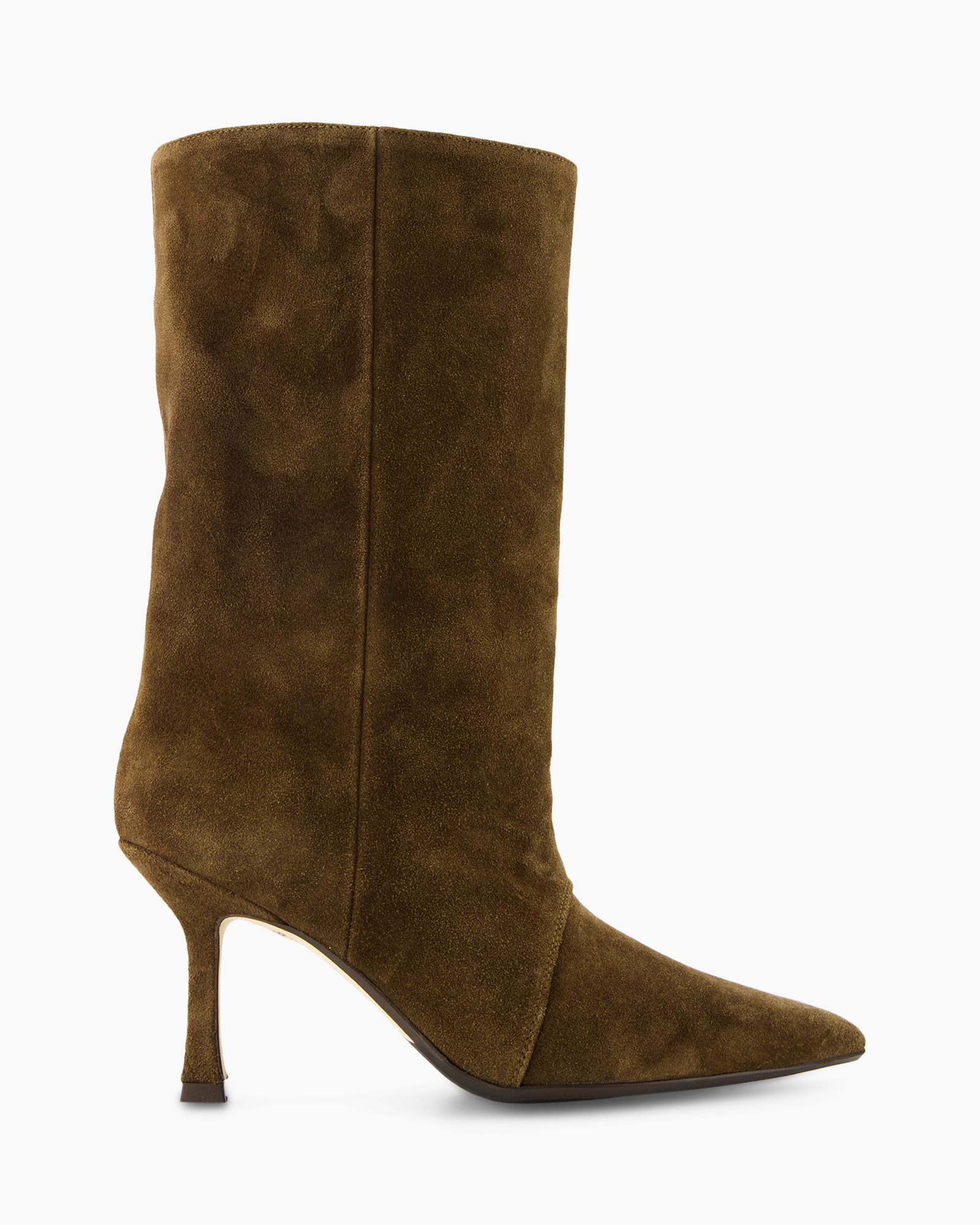 knee-high boot, suede, brown, mid-heel, pointed toe