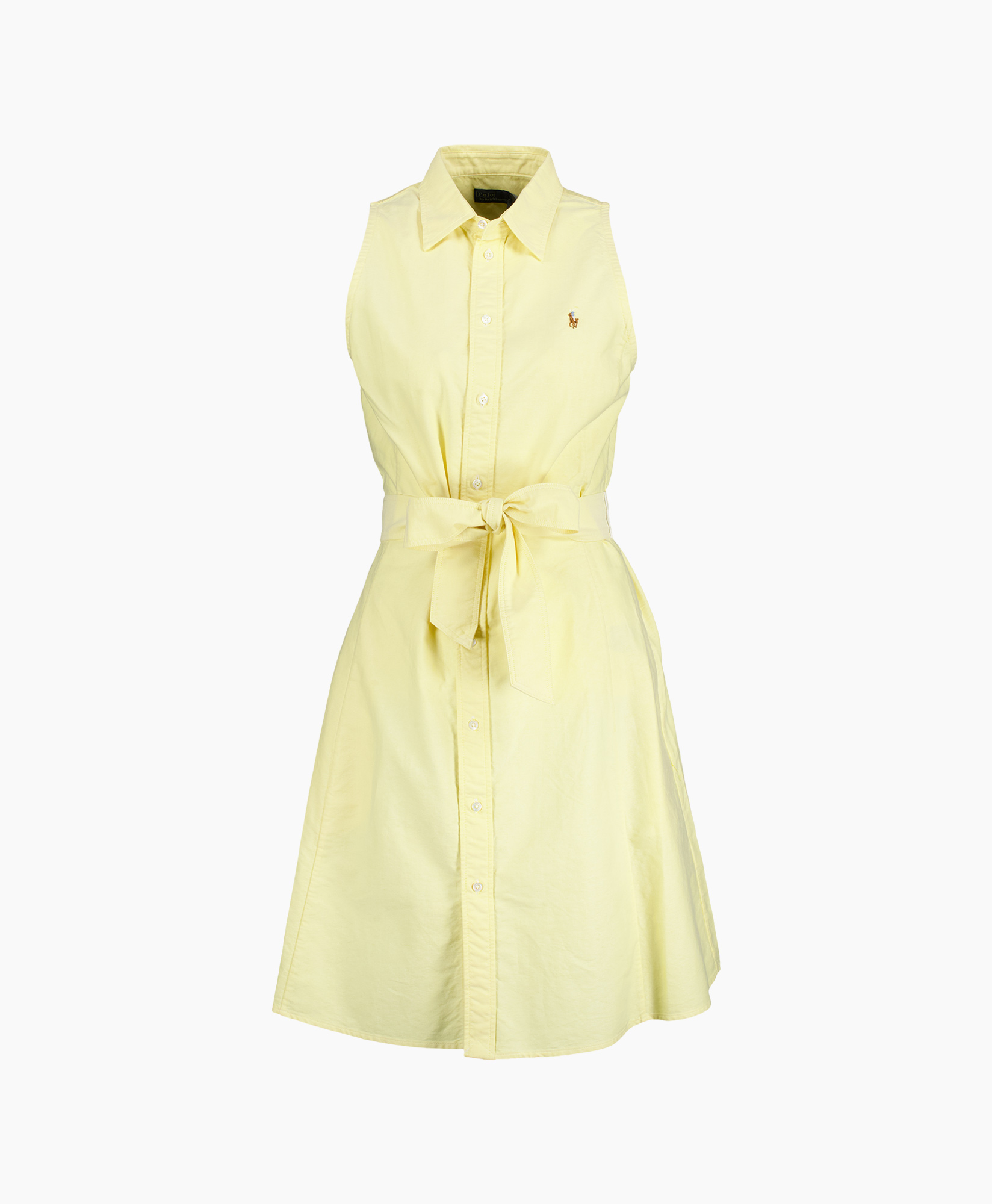 dress, shirt dress, sleeveless, belt, yellow