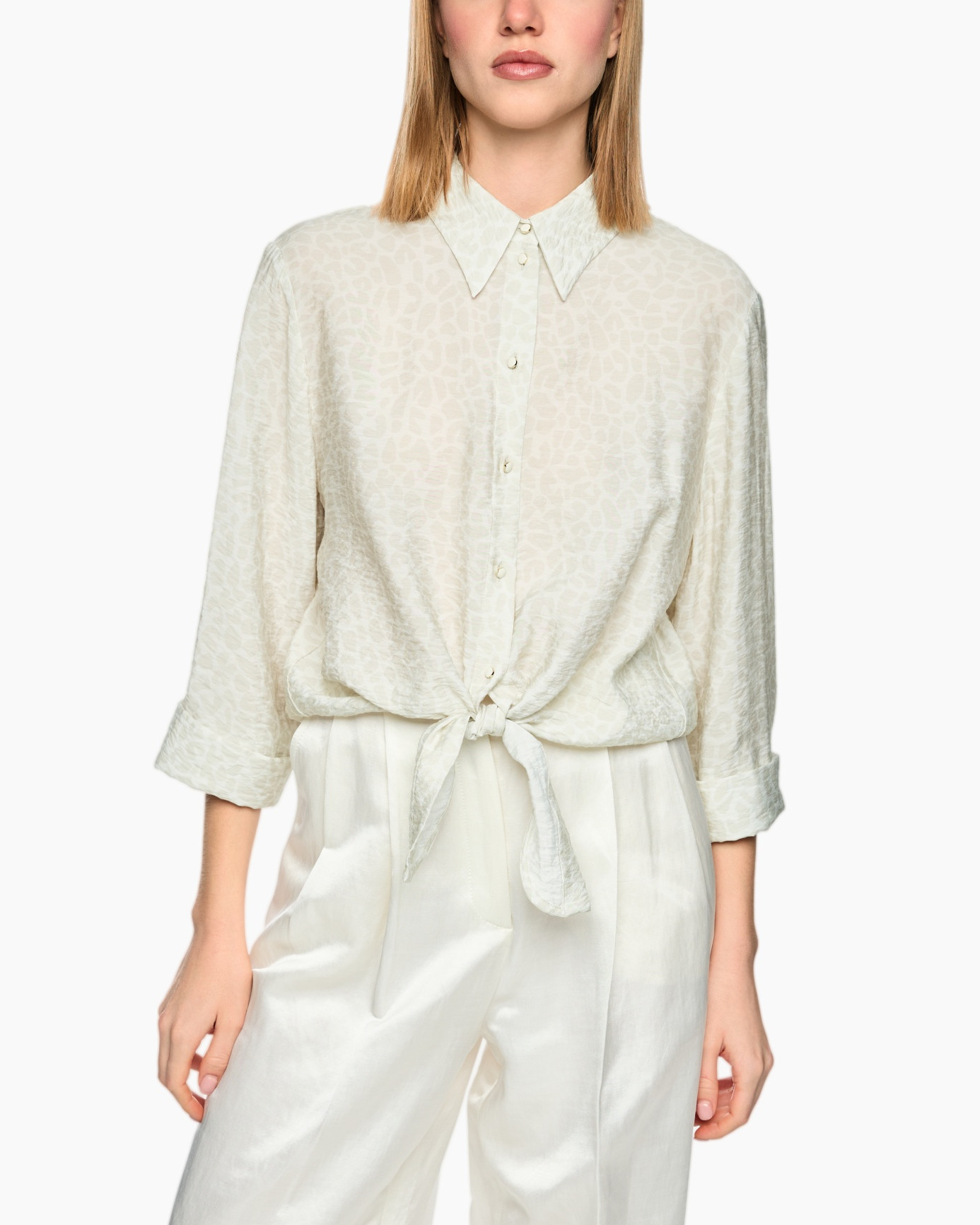 blouse, collared, long-sleeve, tie-front, beige pattern