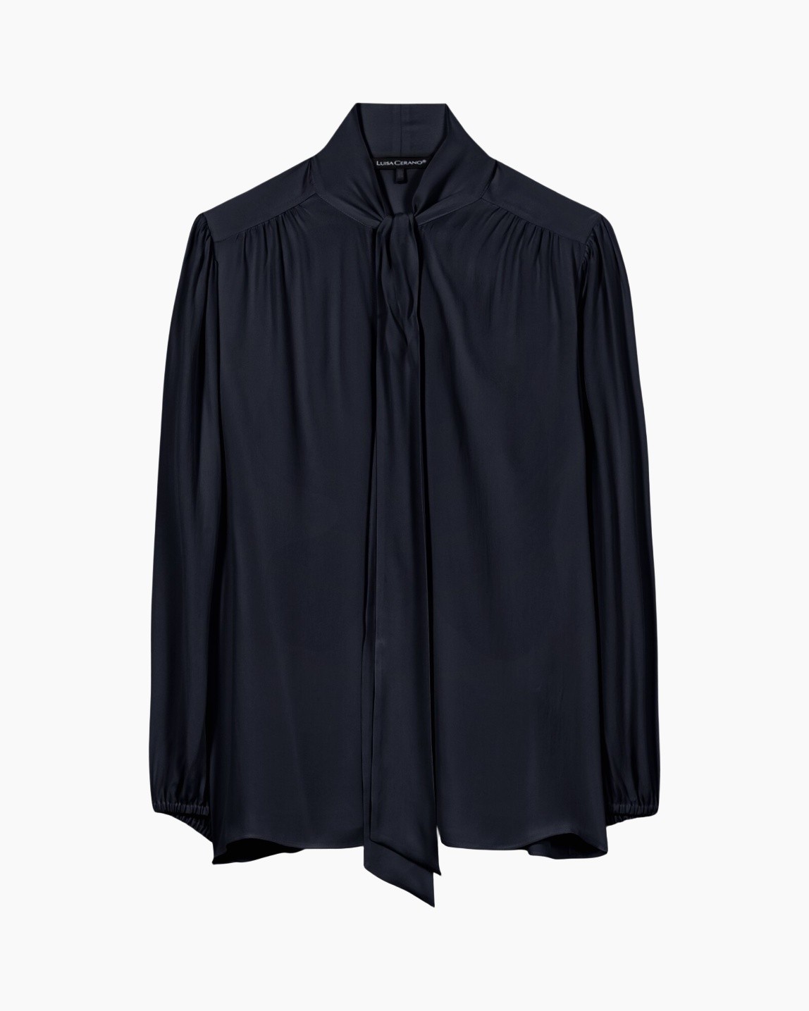 blouse, silk, navy, tie-neck, long-sleeve