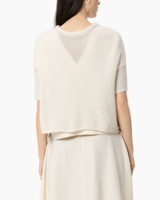 knit cardigan, short sleeves, beads trim, creamy white, layered look