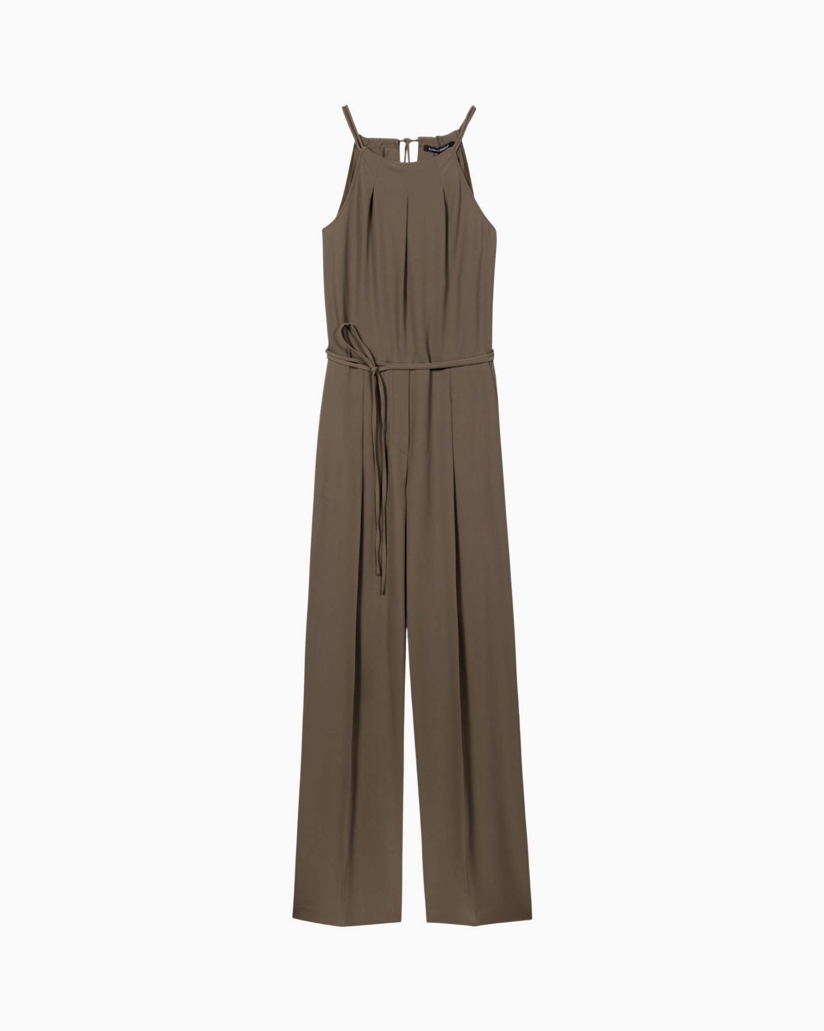 jumpsuit, wide-leg, strap, belt, taupe
