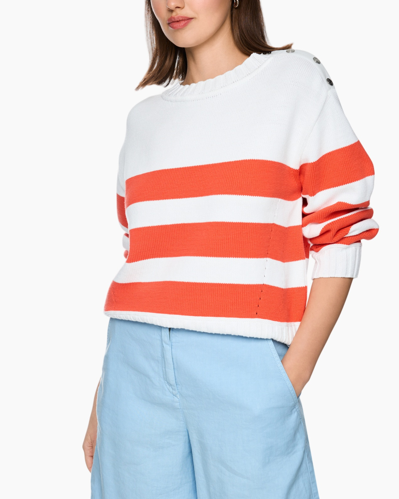 stripe sweater, orange stripe, white knit, crew neck, button-shoulder detail