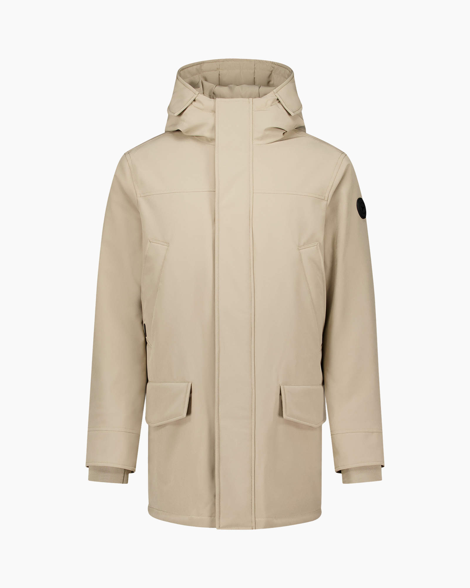 parka, beige, hooded, long coat, pocketed