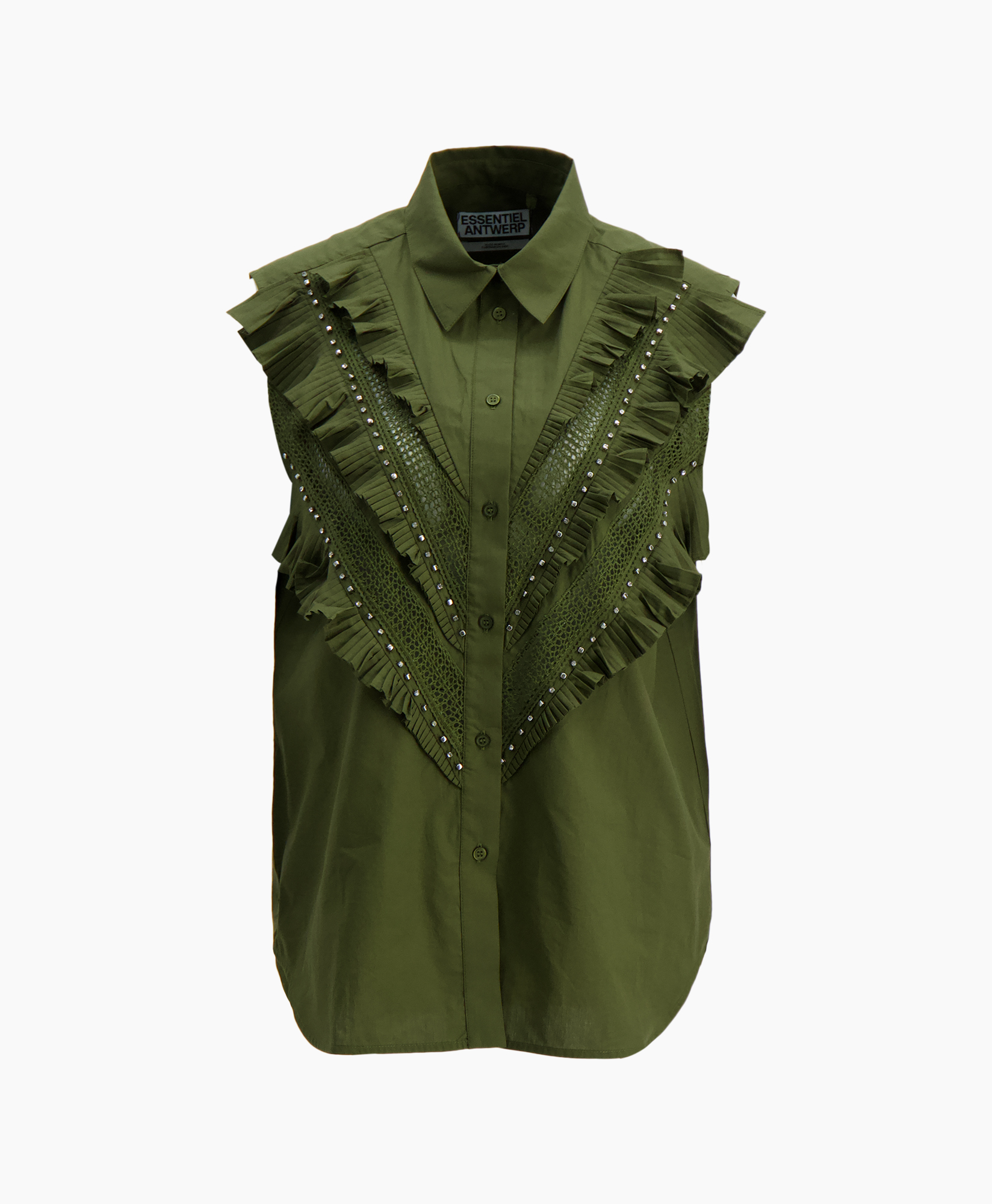 button-down, shirt, green, ruffle, embellished