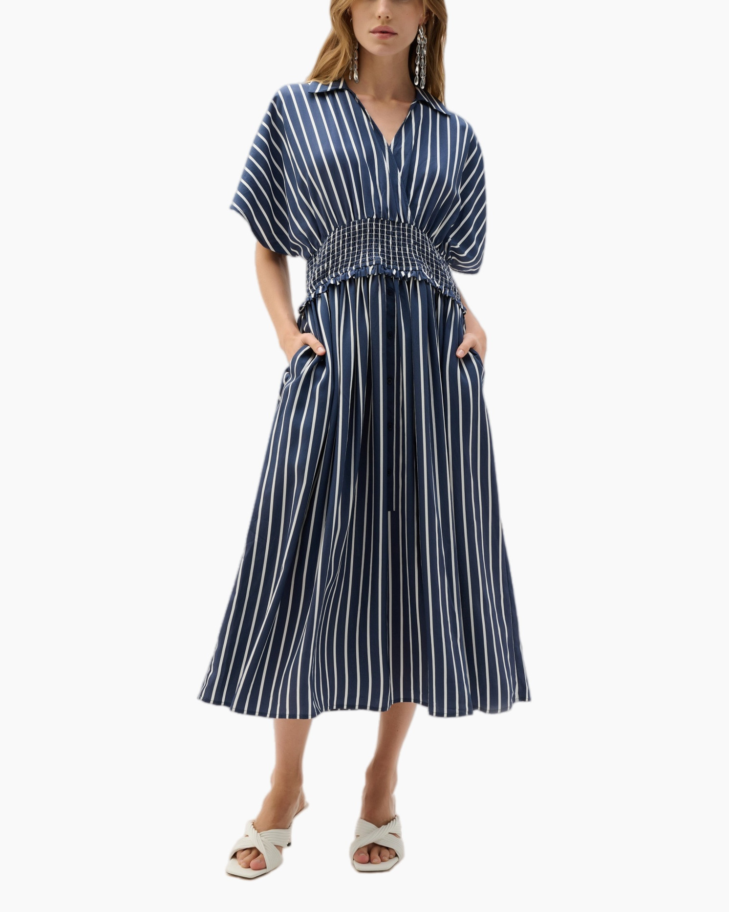 dress, maxi dress, navy, striped, smocked waist