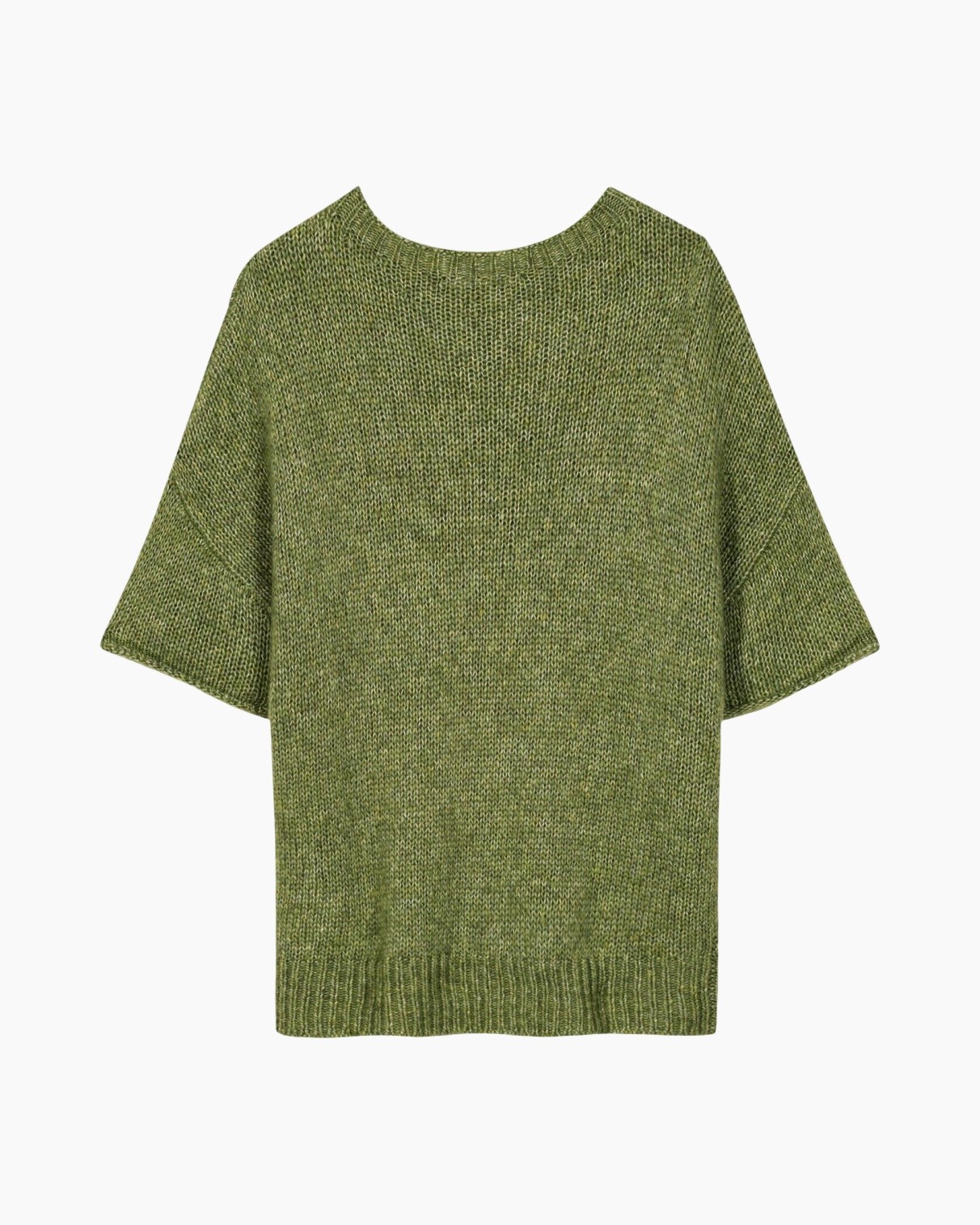 green knit, sweater, short sleeves, loose fit, crew neck