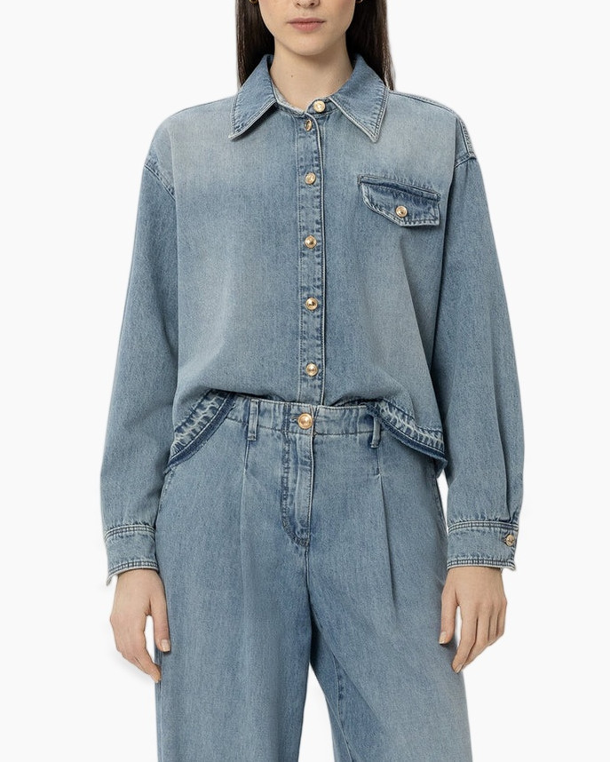 denim shirt, button front, collared, long sleeve, pocket detail