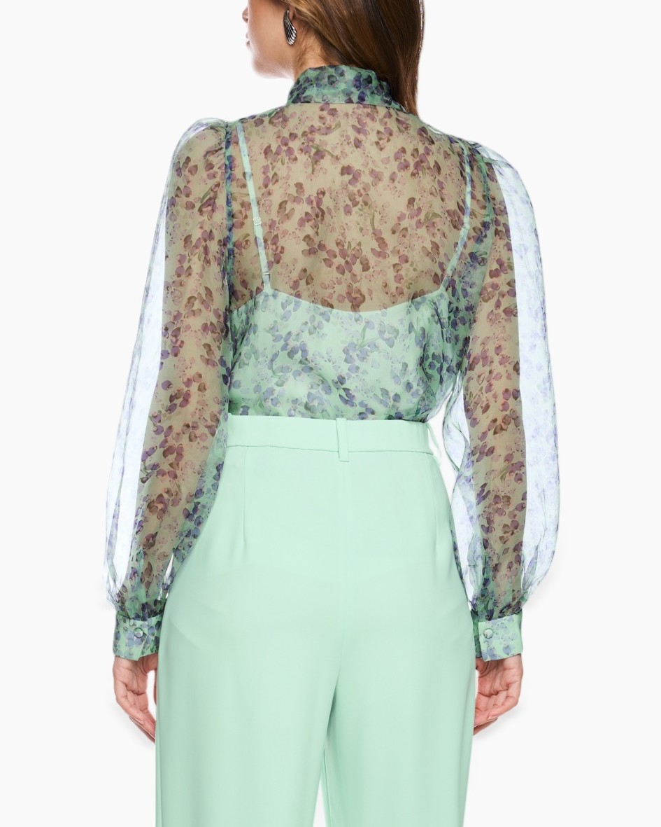 sheer blouse, floral pattern, puff sleeves, high neck, mint green