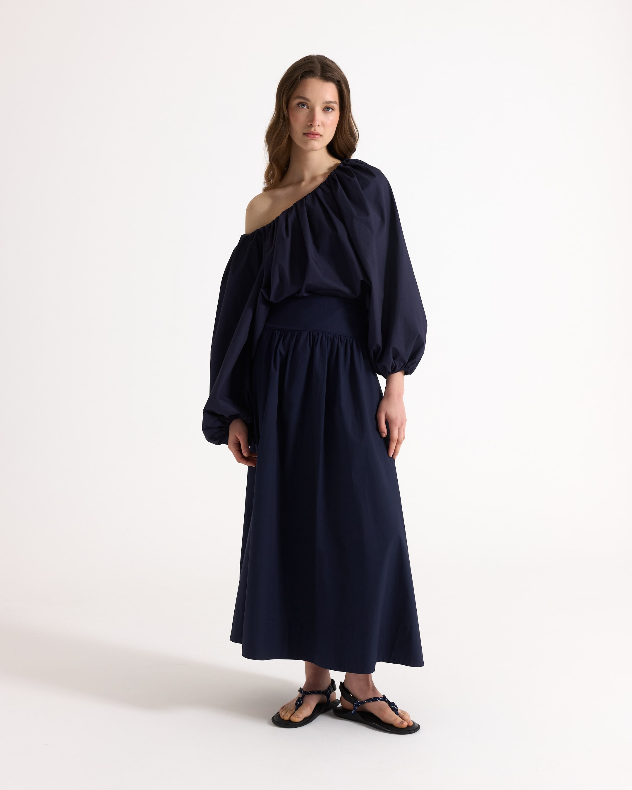 maxi dress, navy blue, one-shoulder, puff sleeve, calf-length