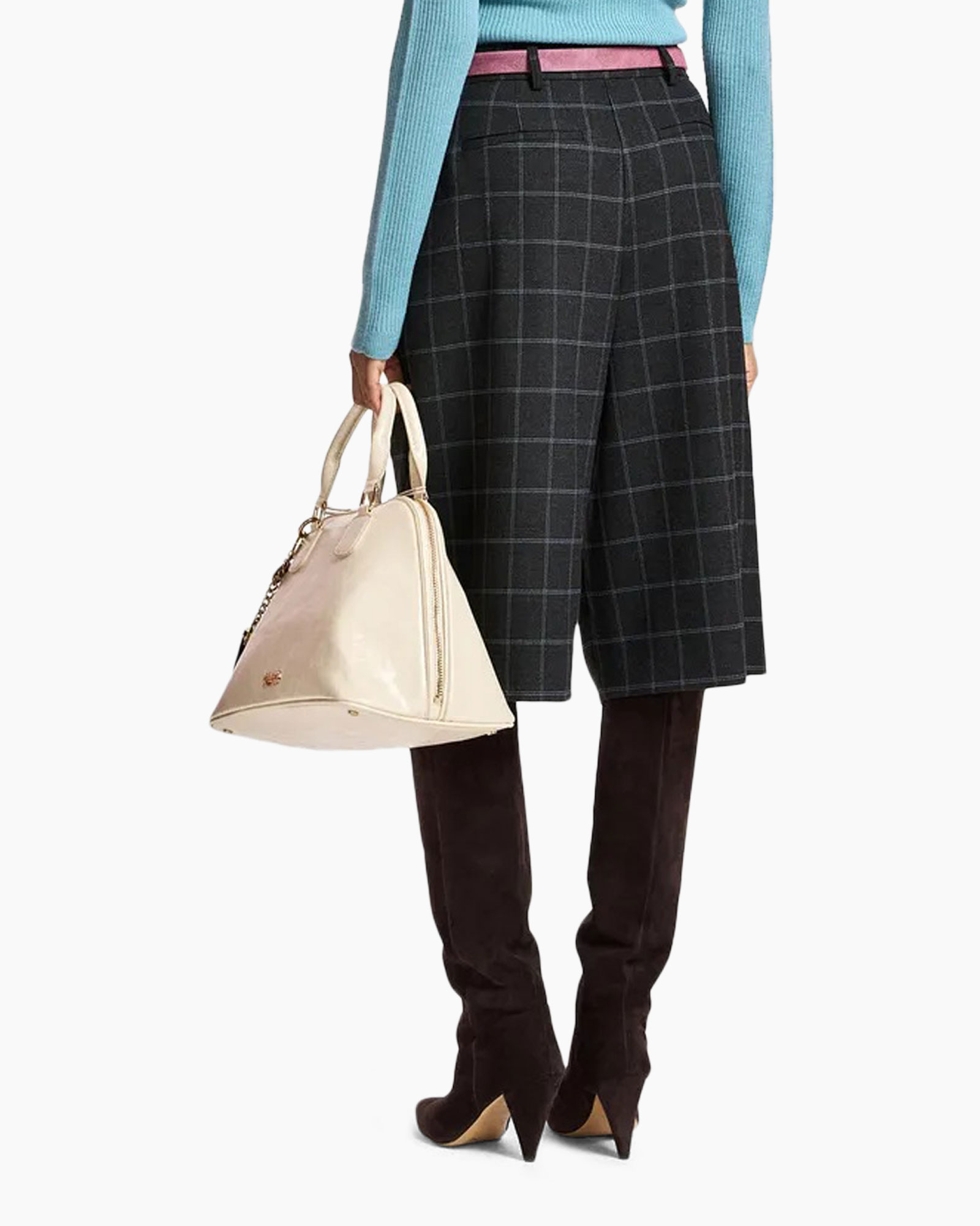 skirt, plaid, knee-length, boots, handbag