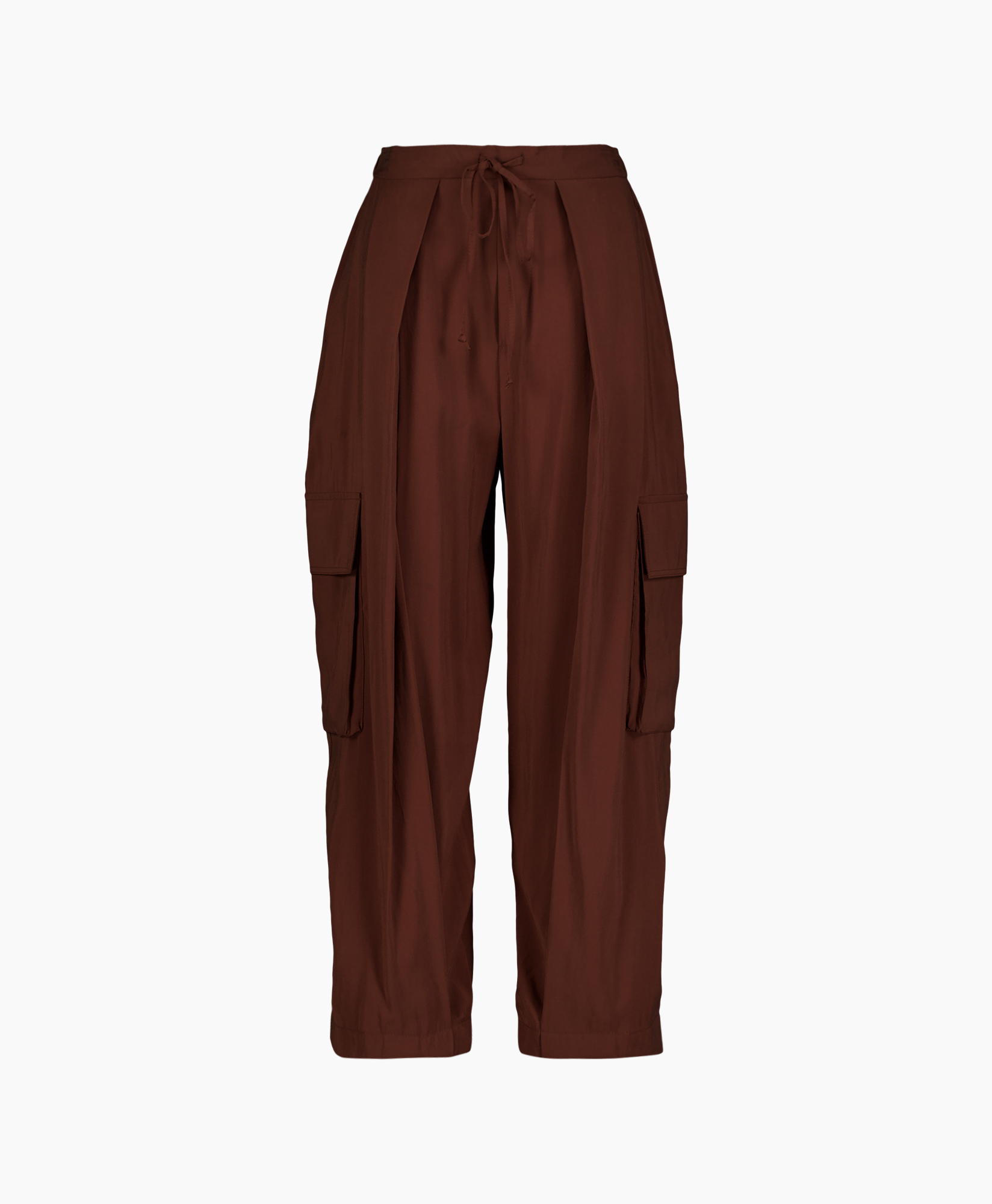 cargo pants, drawstring, brown, ankle-length, pocketed