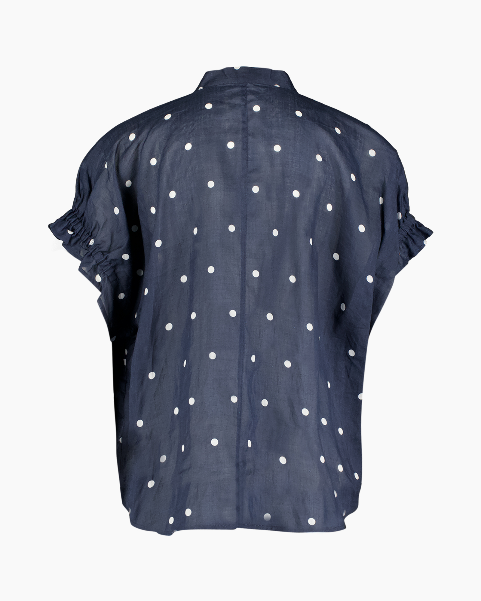 polka dot, blouse, navy, ruffle detail, short sleeve