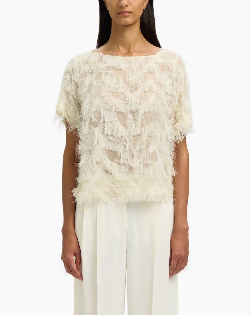 lace top, feathered, sheer, cream, short-sleeve