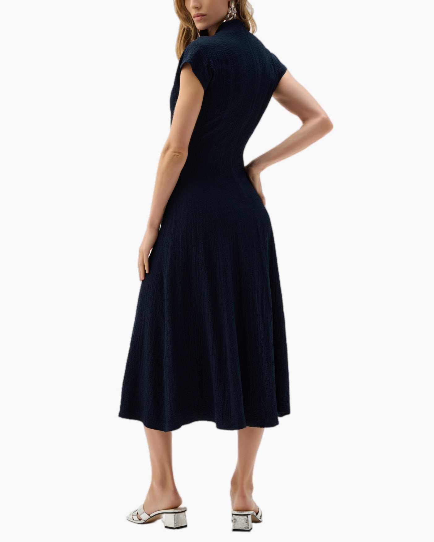 dress, mid-length, navy, wrap, pleated