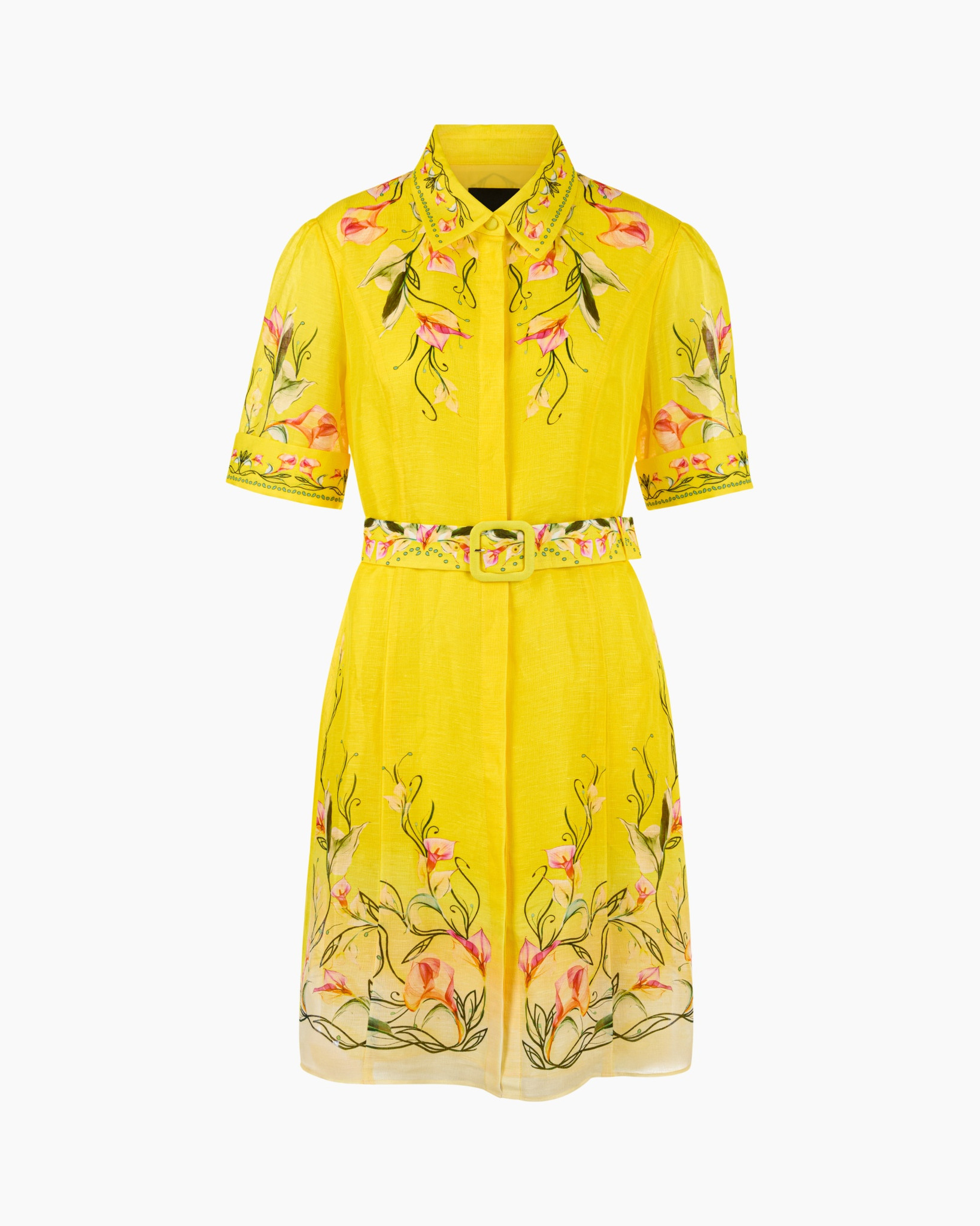 yellow dress, embroidery, floral pattern, belted, knee-length