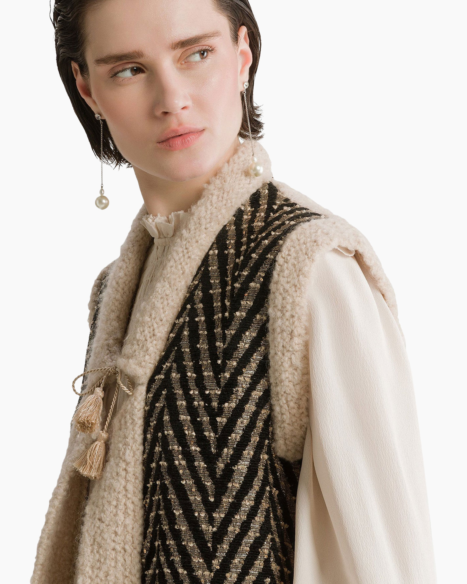 shearling, vest, zigzag, tassel, earrings