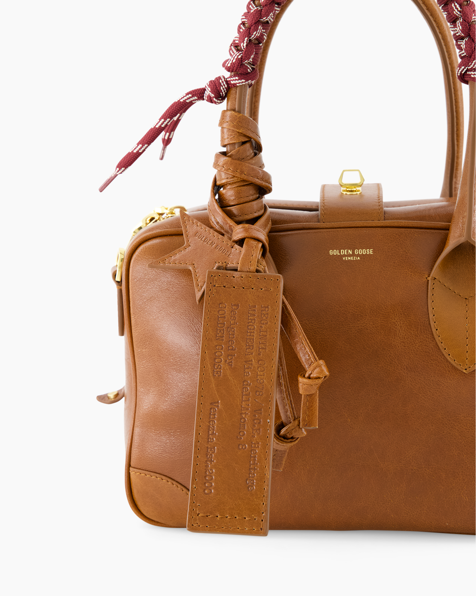 handbag, leather, brown, gold hardware, tagged strap