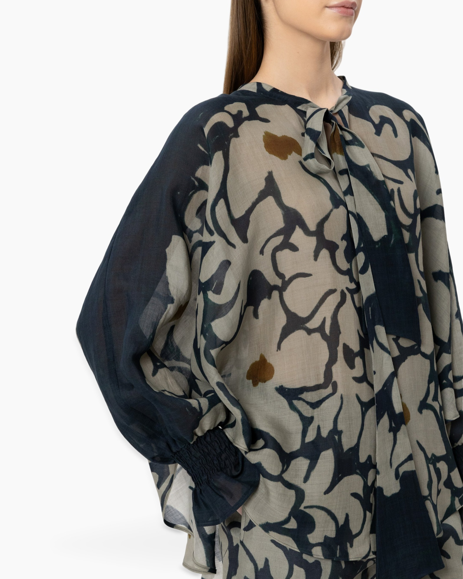 blouse, print, abstract, long-sleeve, sheer
