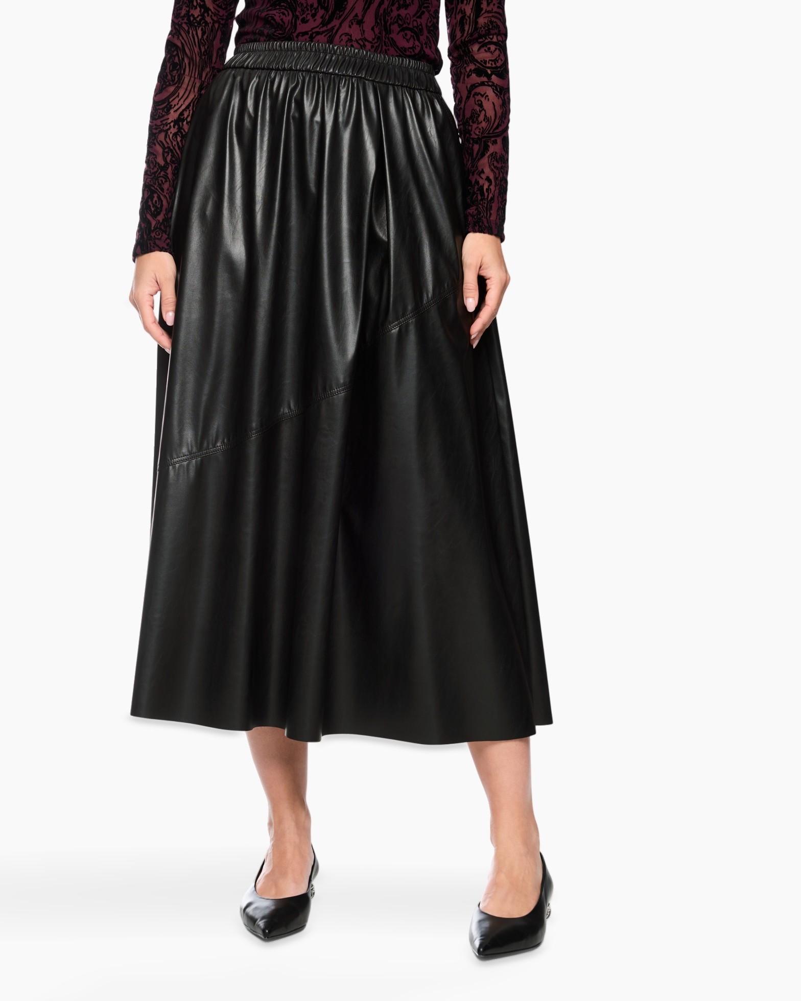 skirt, mid-length, black, leather, elastic-waist