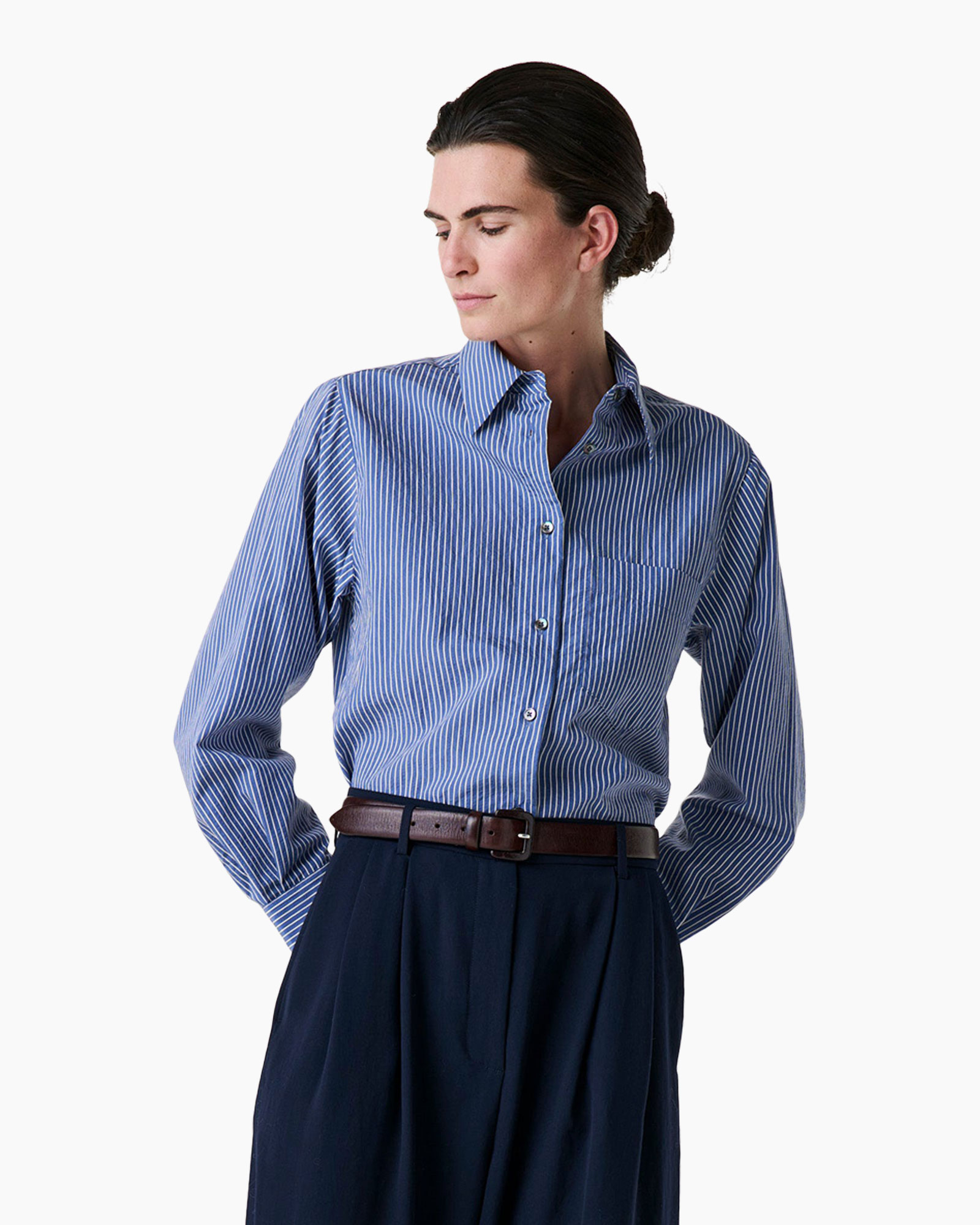striped shirt, blue shirt, collared shirt, button-down, belted trousers