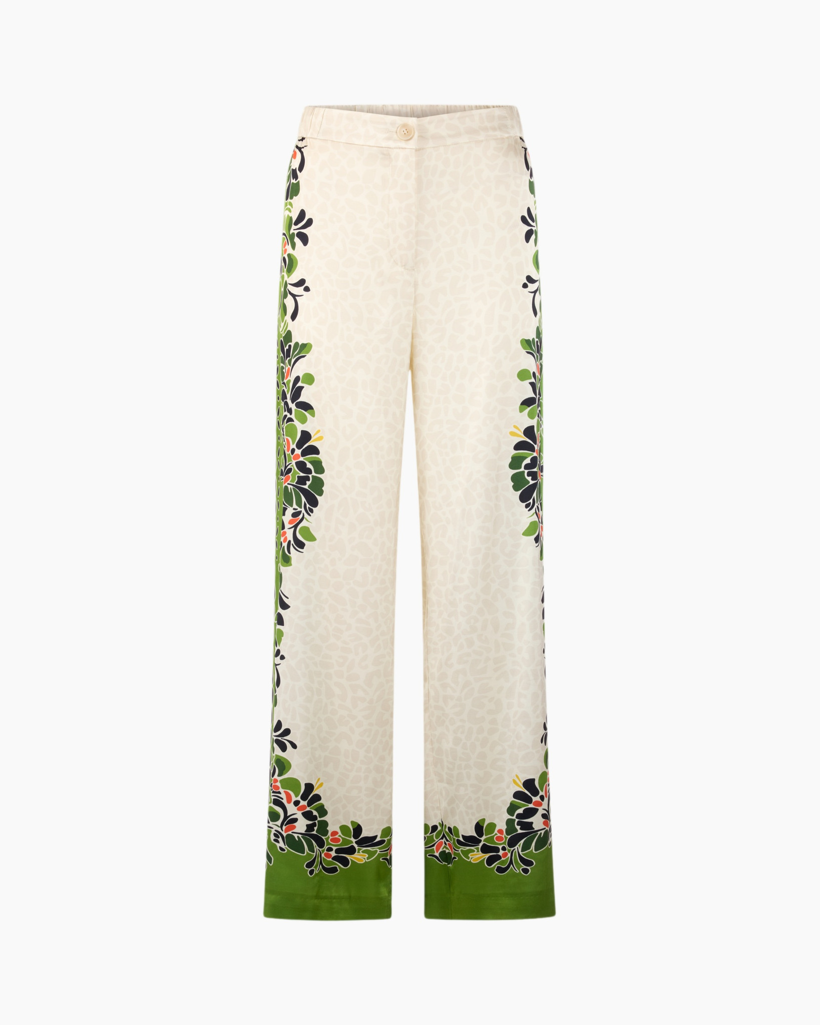 pants, creme, floral, wide-leg, green border