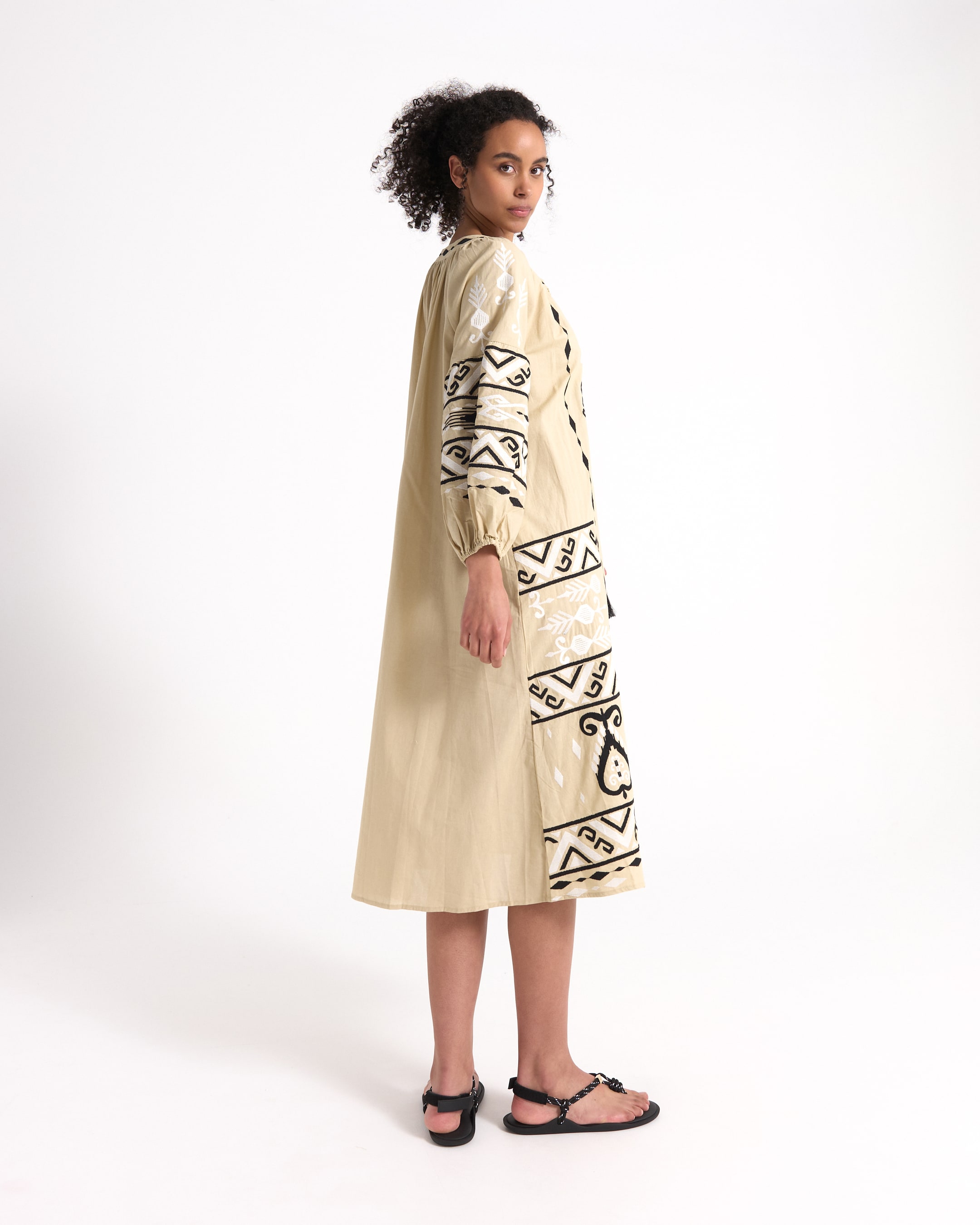 beige dress, long dress, embroidered pattern, three-quarter sleeve, calf-length