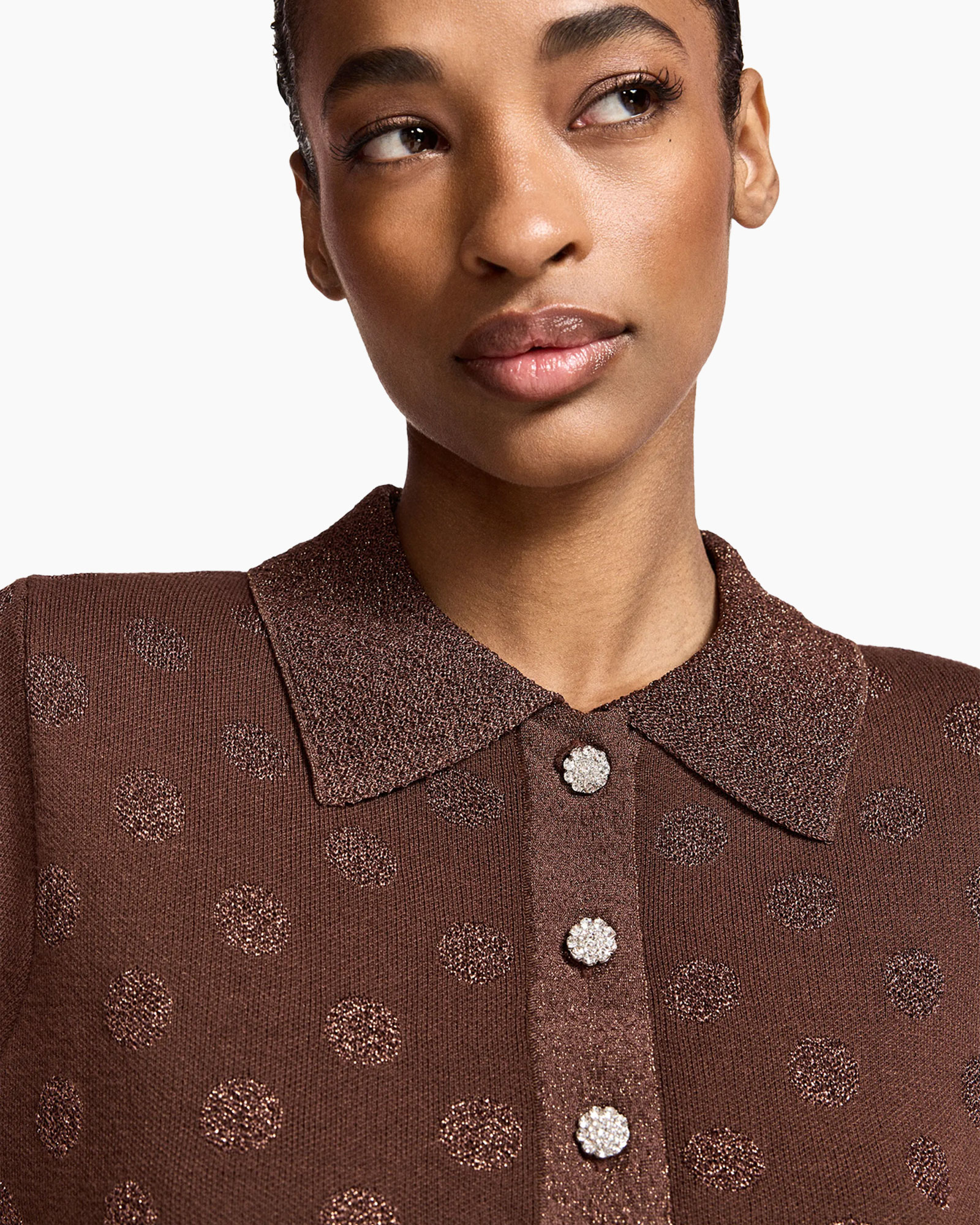knit polo, polka dot, collared shirt, brown, textured fabric