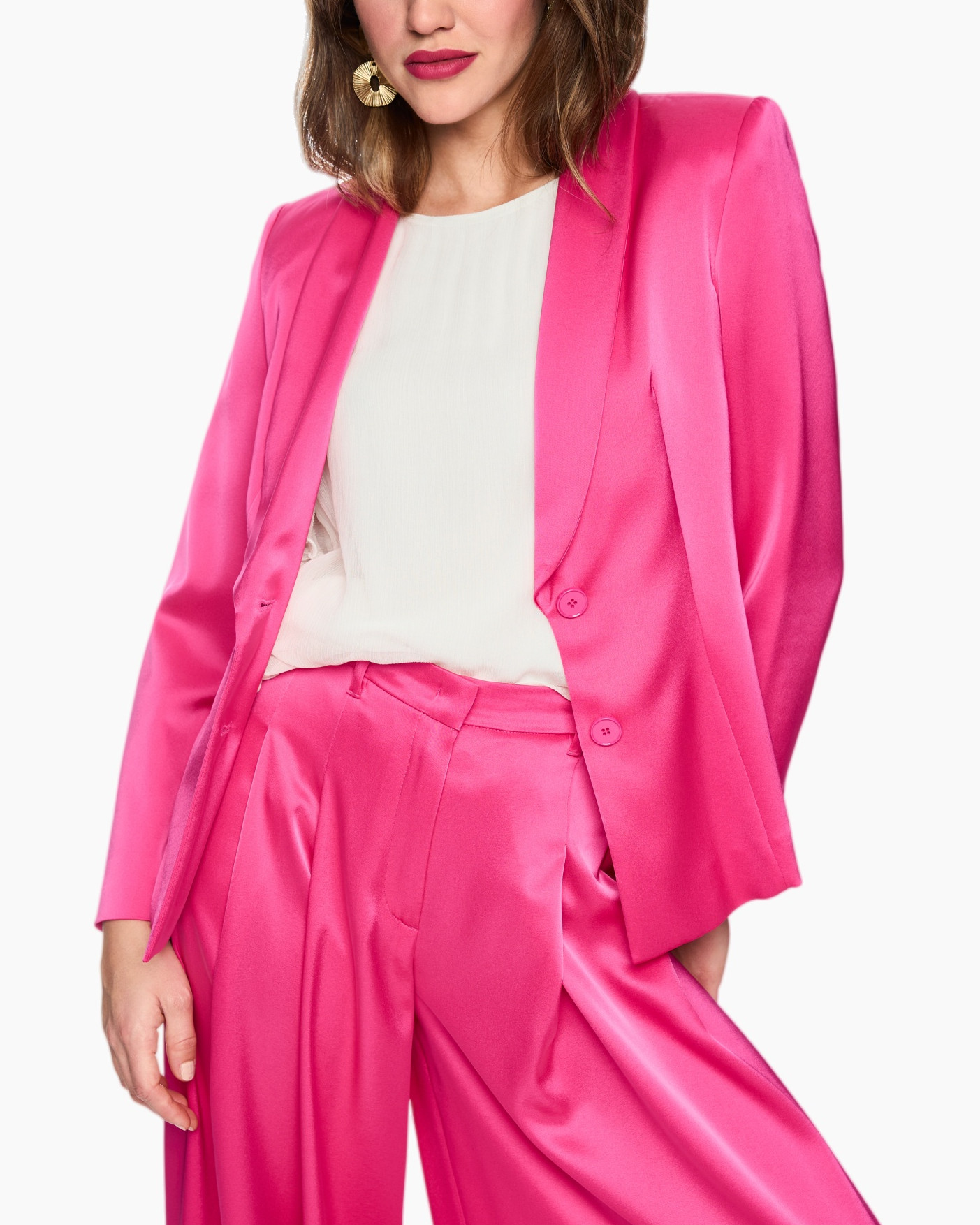 pink suit, blazer, pants, solid color, satiny finish
