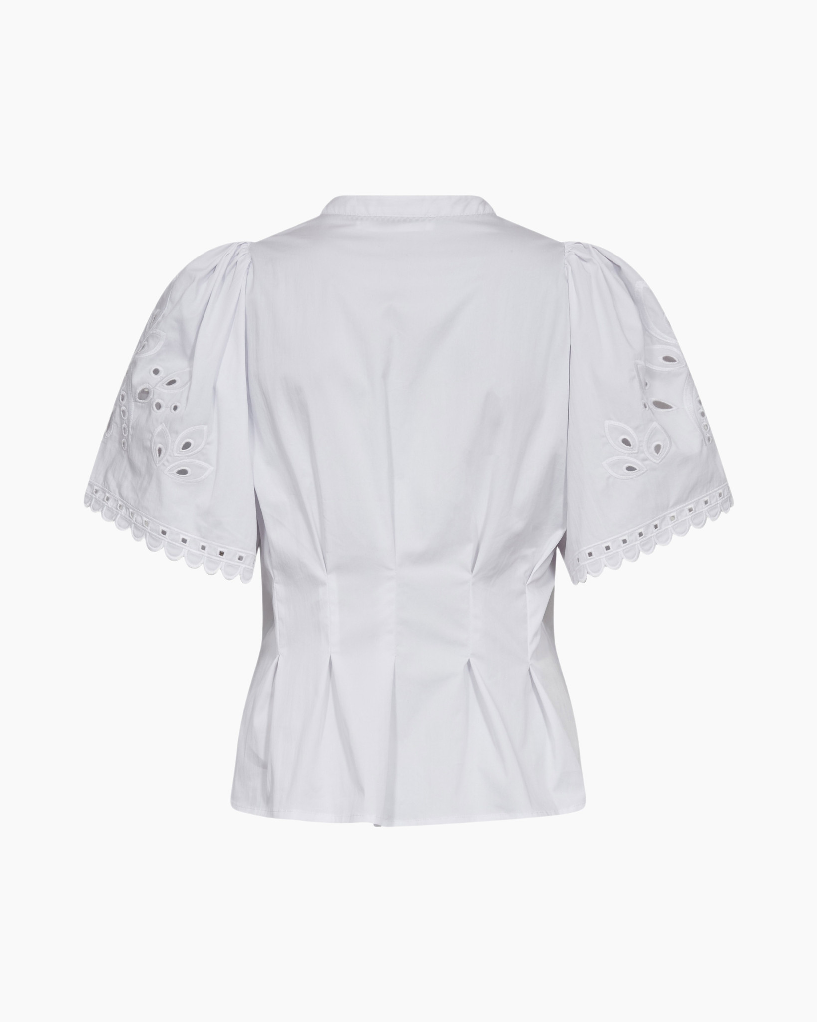 white blouse, short sleeves, eyelet details, v-neck, peplum silhouette