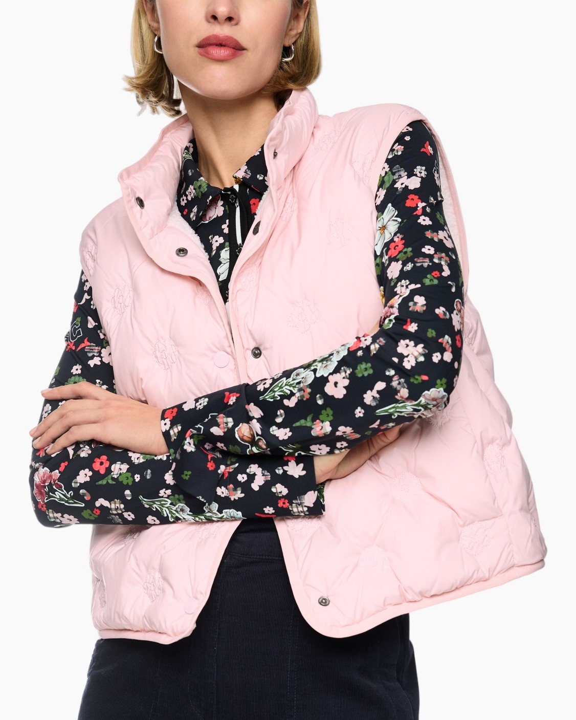 padded vest, pink vest, floral sleeves, quilted vest, outerwear, puffer vest, pink, floral, layering piece, outerwear
