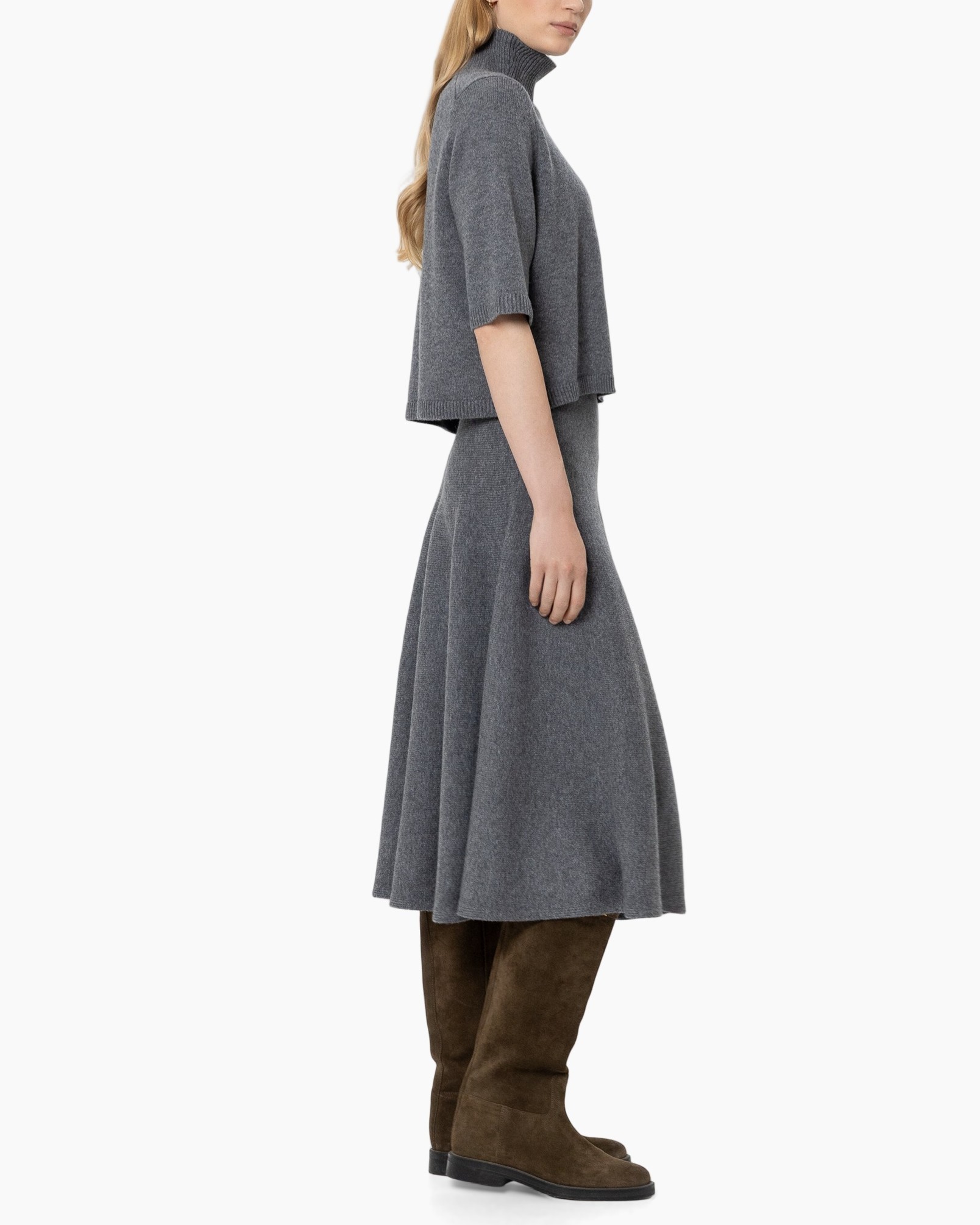 knit, turtleneck, cape, skirt, boots