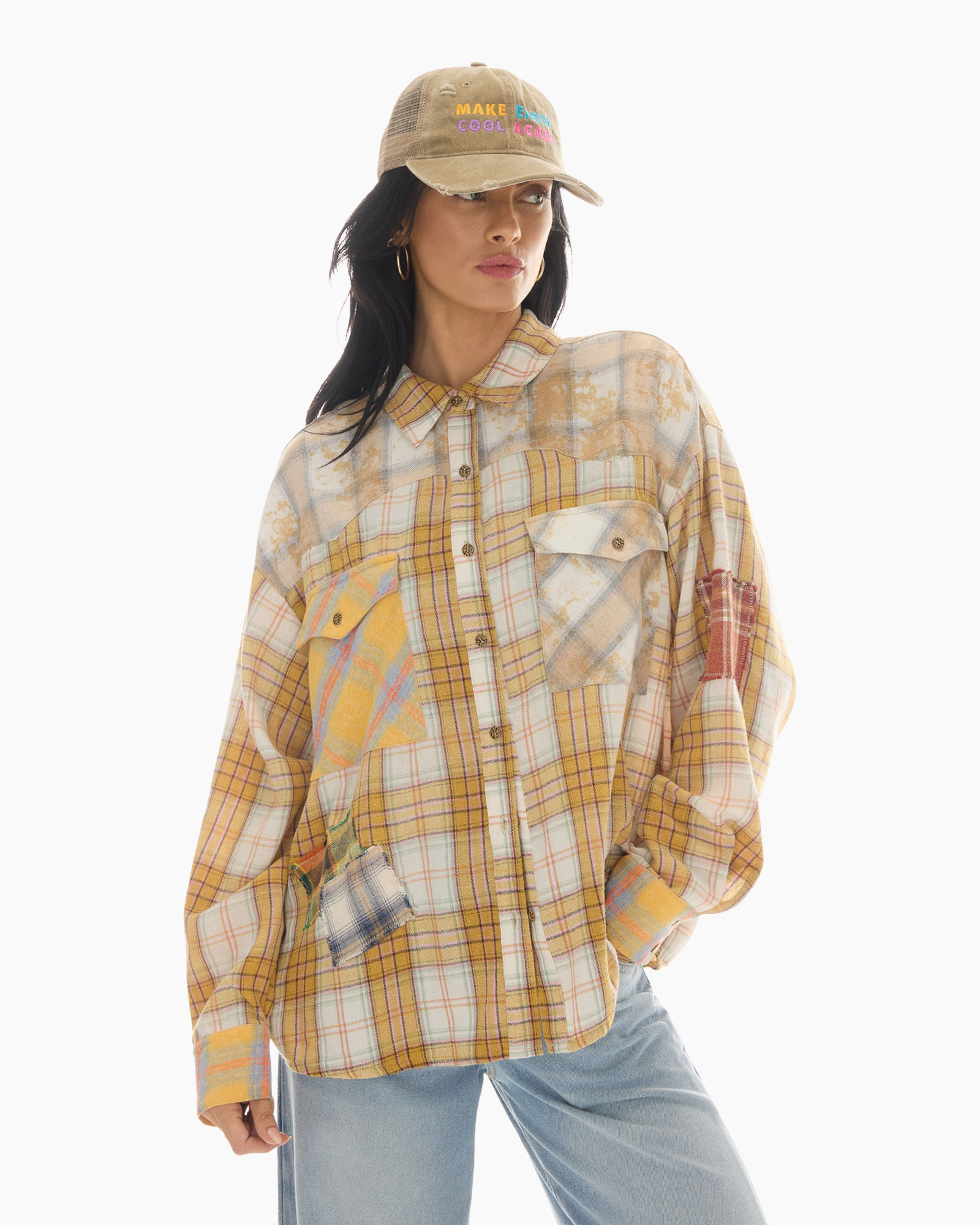 plaid shirt, oversized, patchwork, buttoned, cap optional