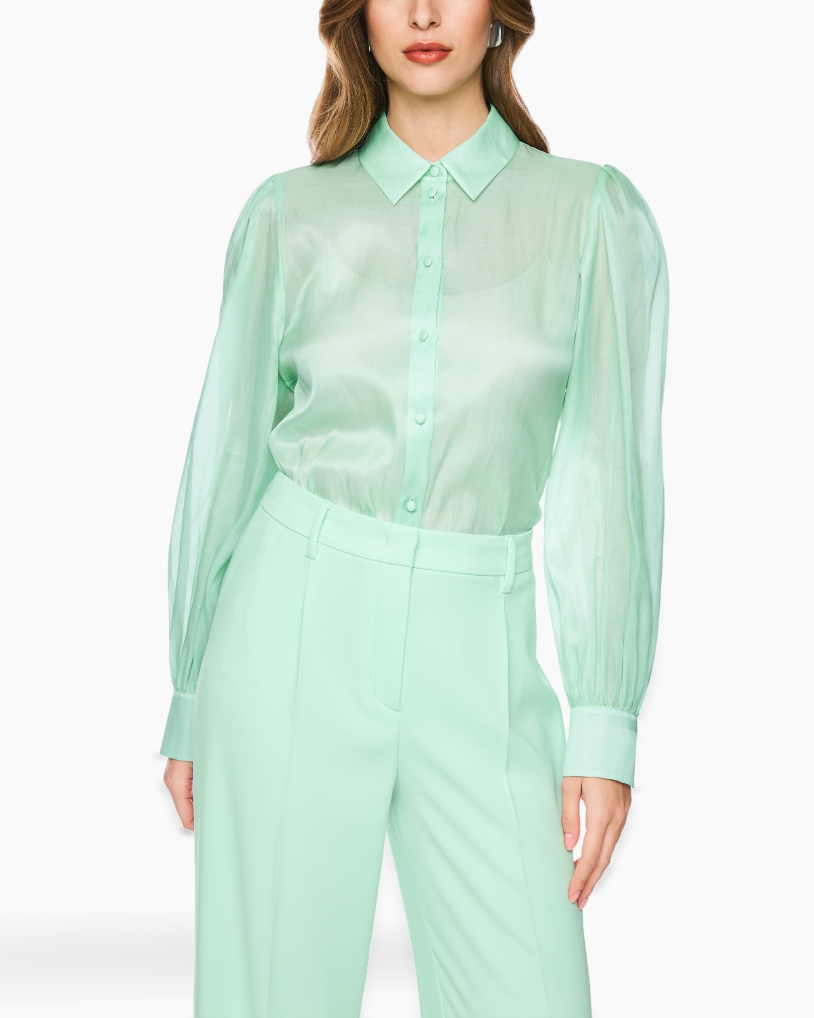 blouse, sheer, green, collared, puff-sleeve