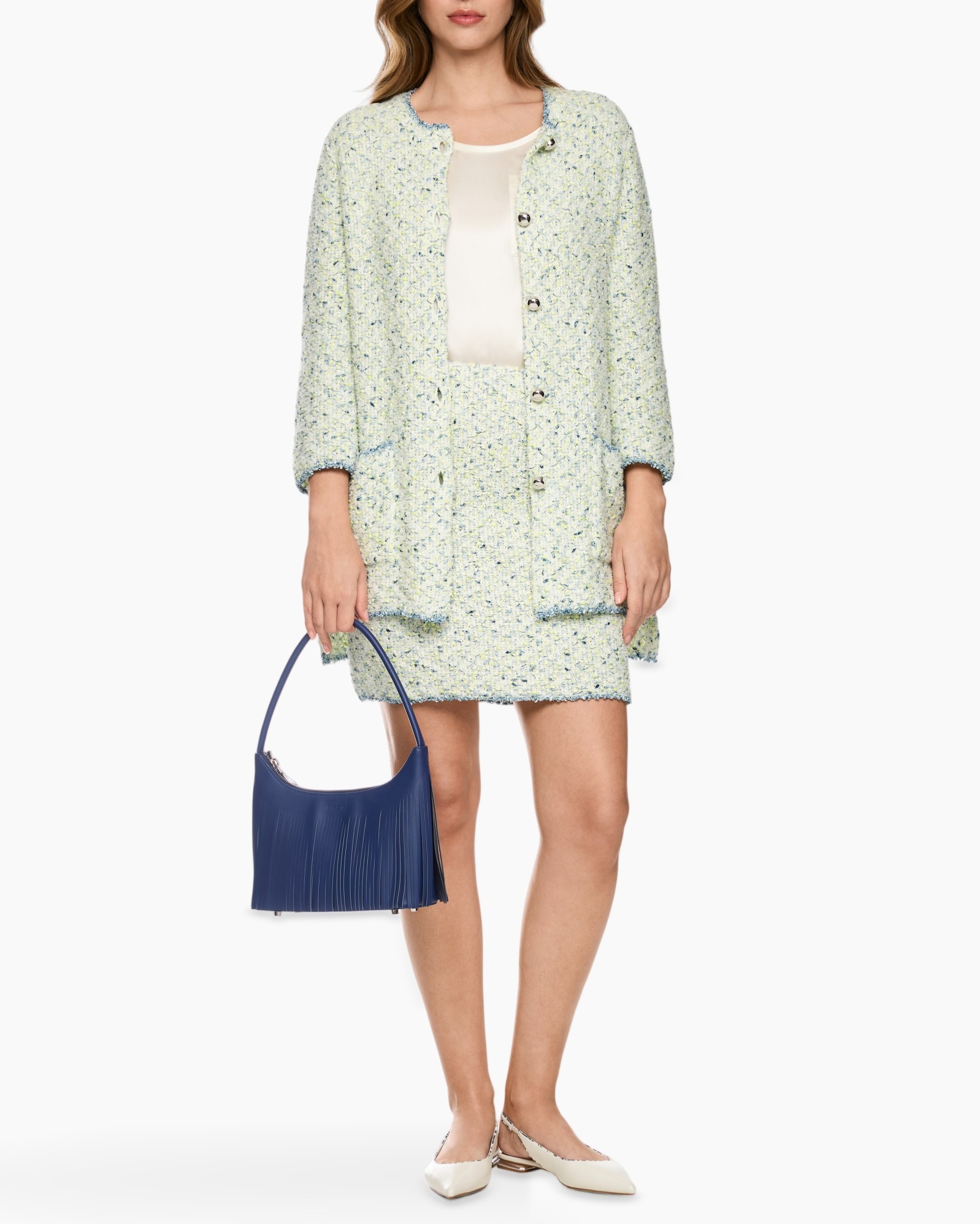 tweed, jacket, skirt, blue bag, flat shoes