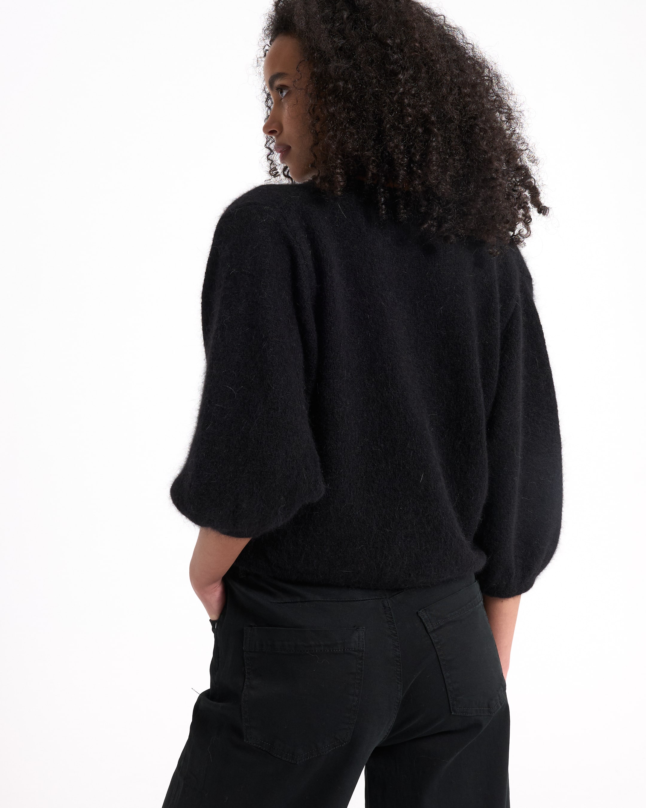 black sweater, loose fit, 3/4 sleeve, knit, black pants