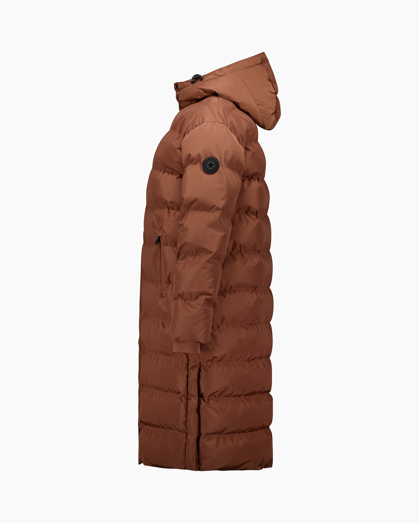 puffer coat, long coat, hooded, brown, quilted
