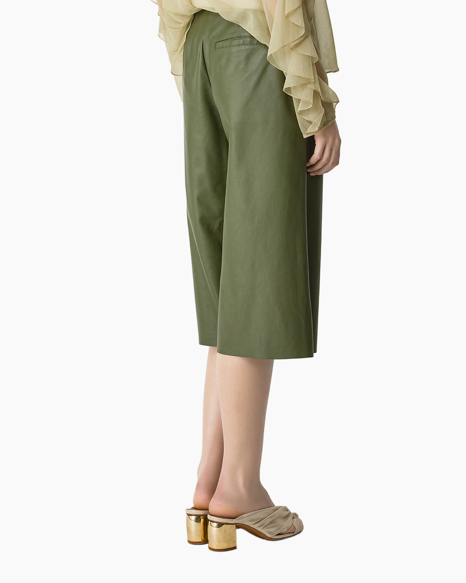 green culotte, leather-like, knee-length, wide-leg, slip-on sandals