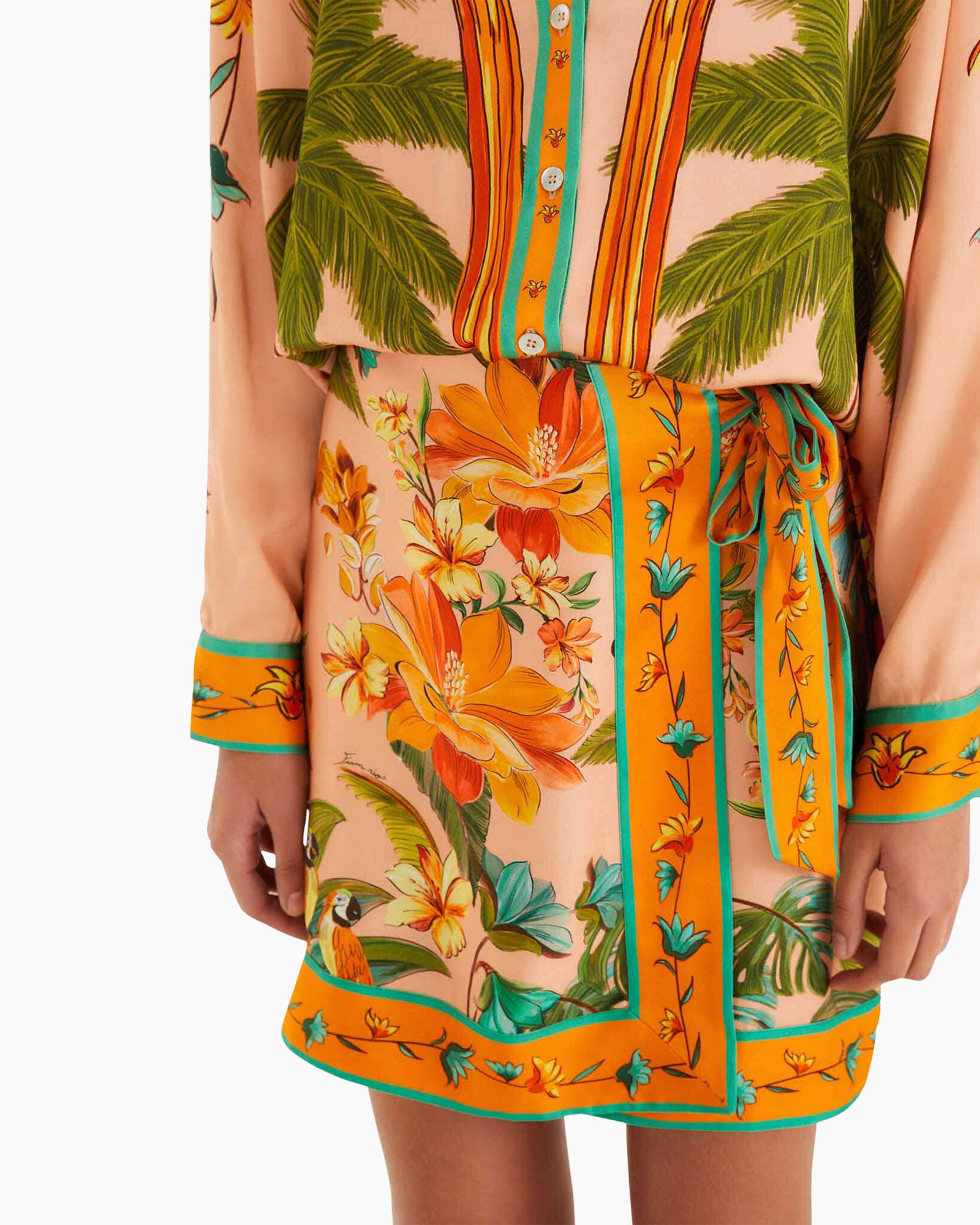 tropical dress, floral print, wrap belt, long sleeve, peach background