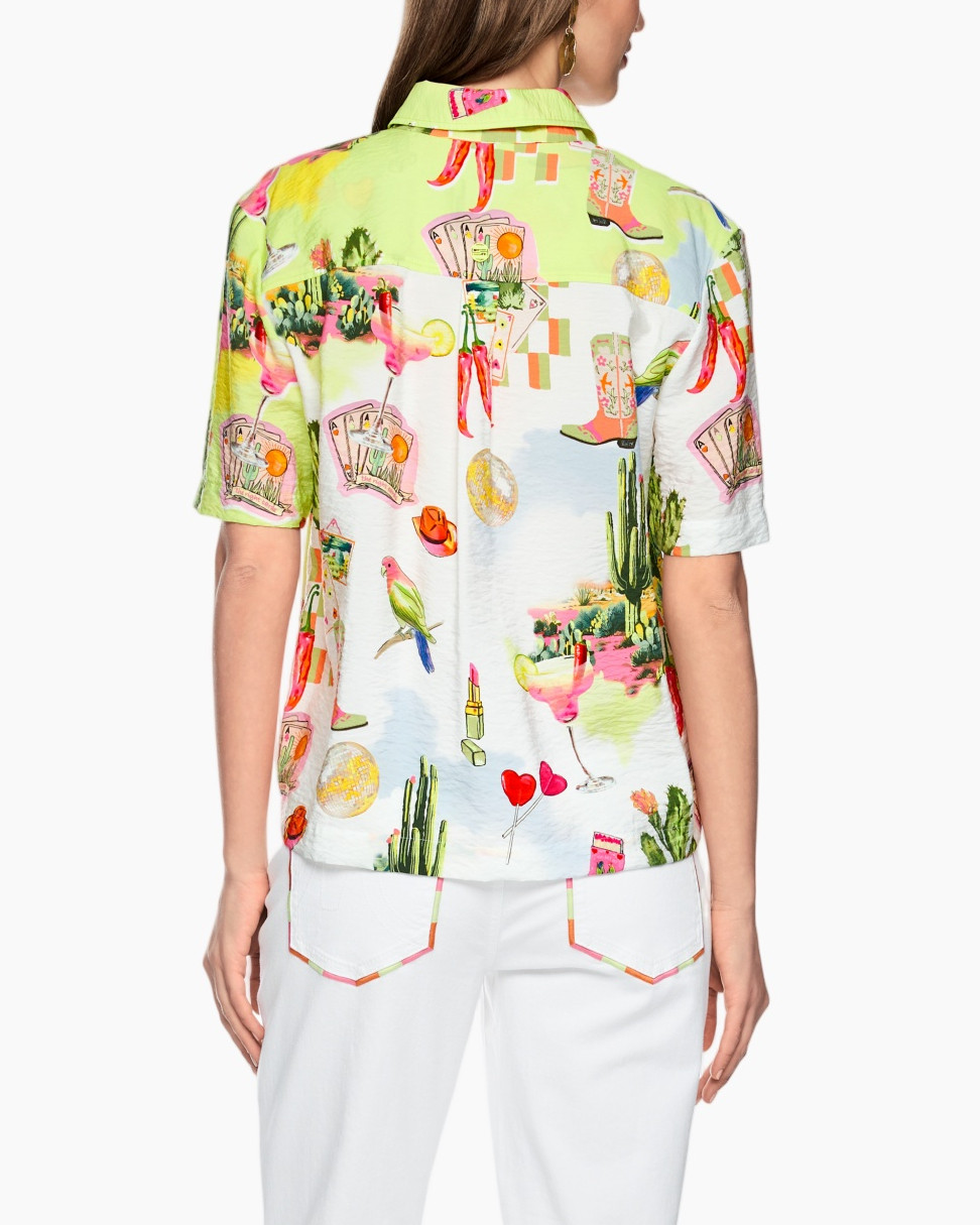 short-sleeve shirt, graphic print, collared top, bright green, casual blouse